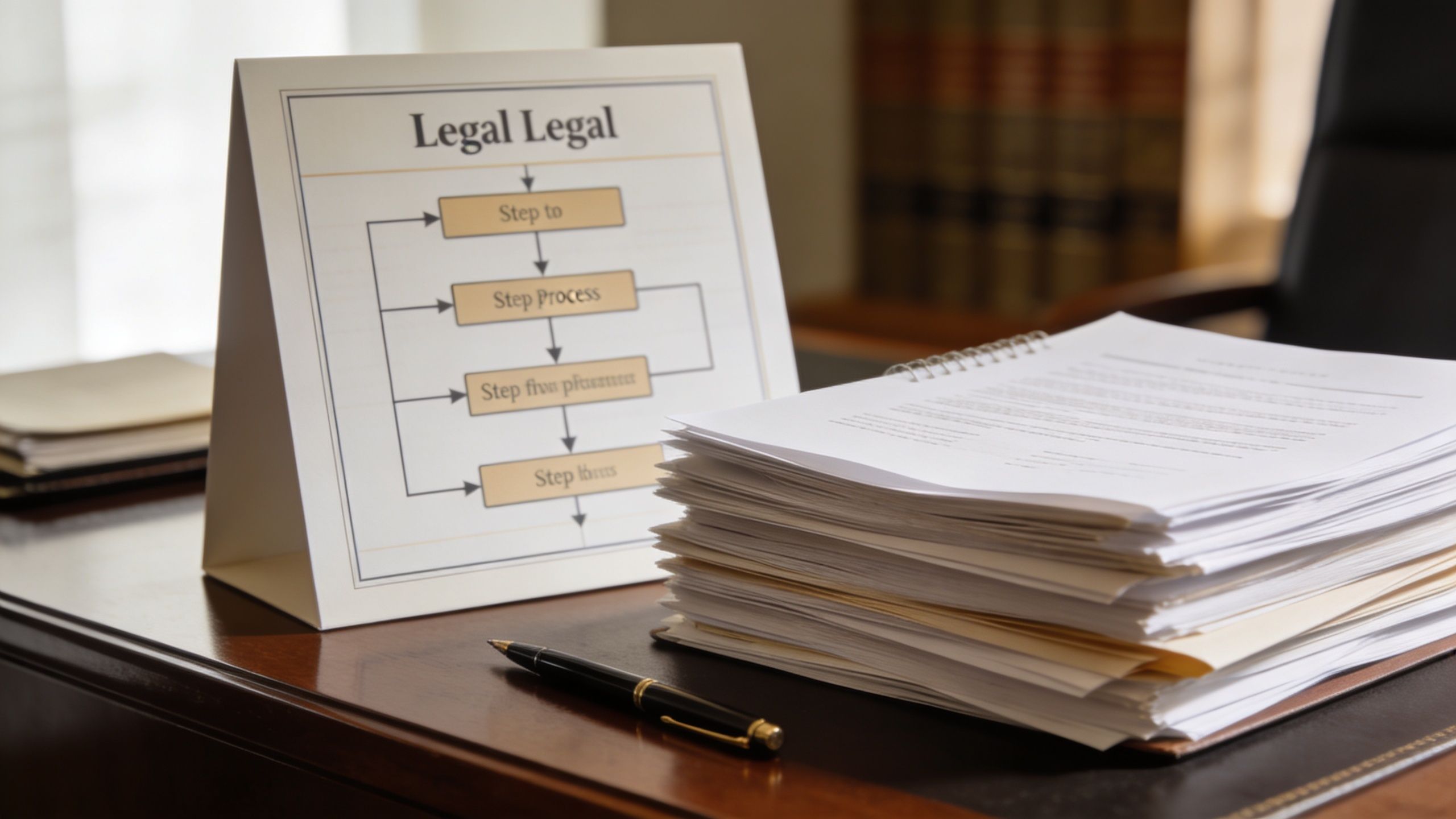 A stack of legal documents and a pen sit on a mahogany desk beside a process flowchart.
