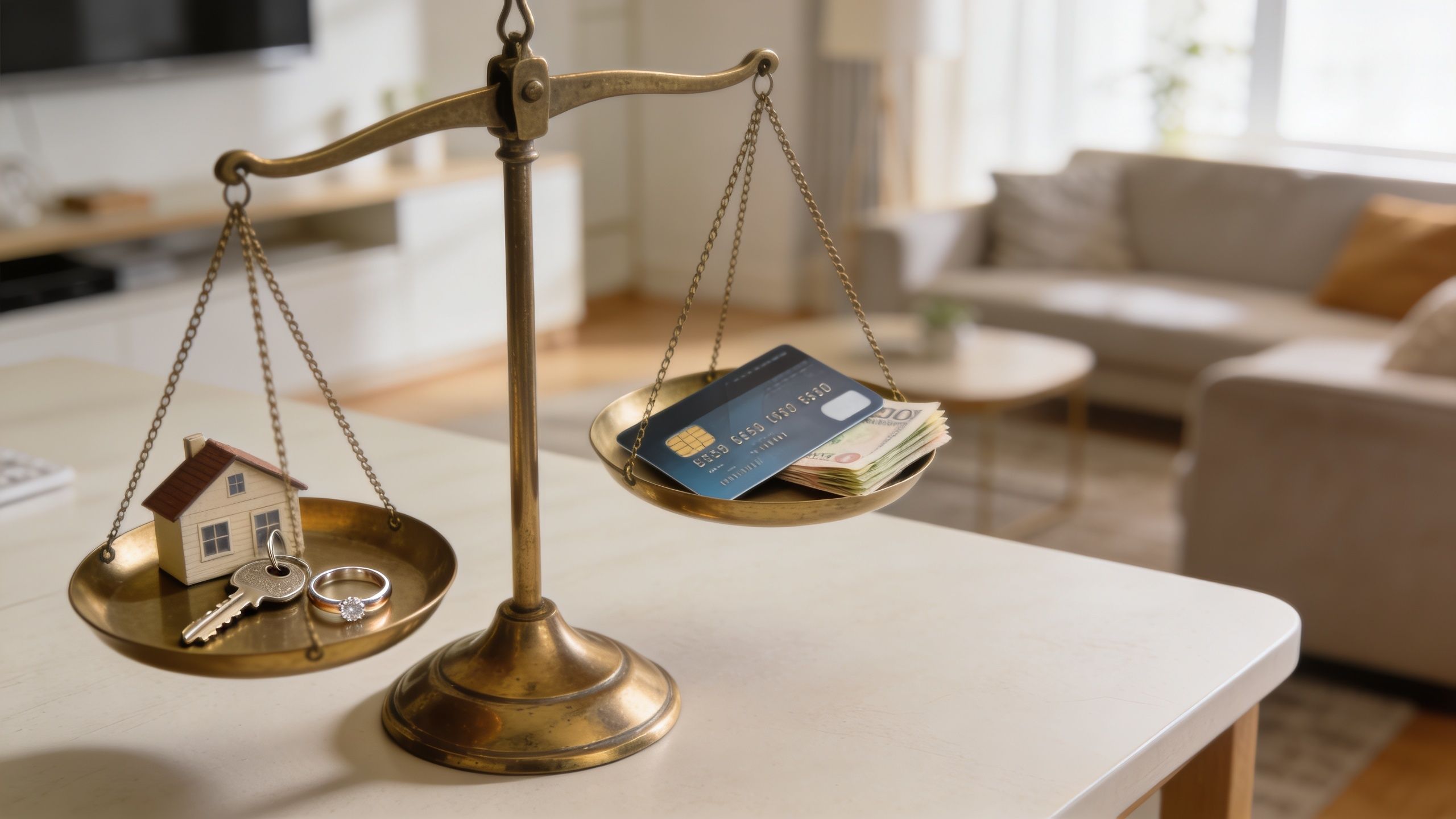 A brass scale balancing a house model and wedding ring against a credit card and cash money.
