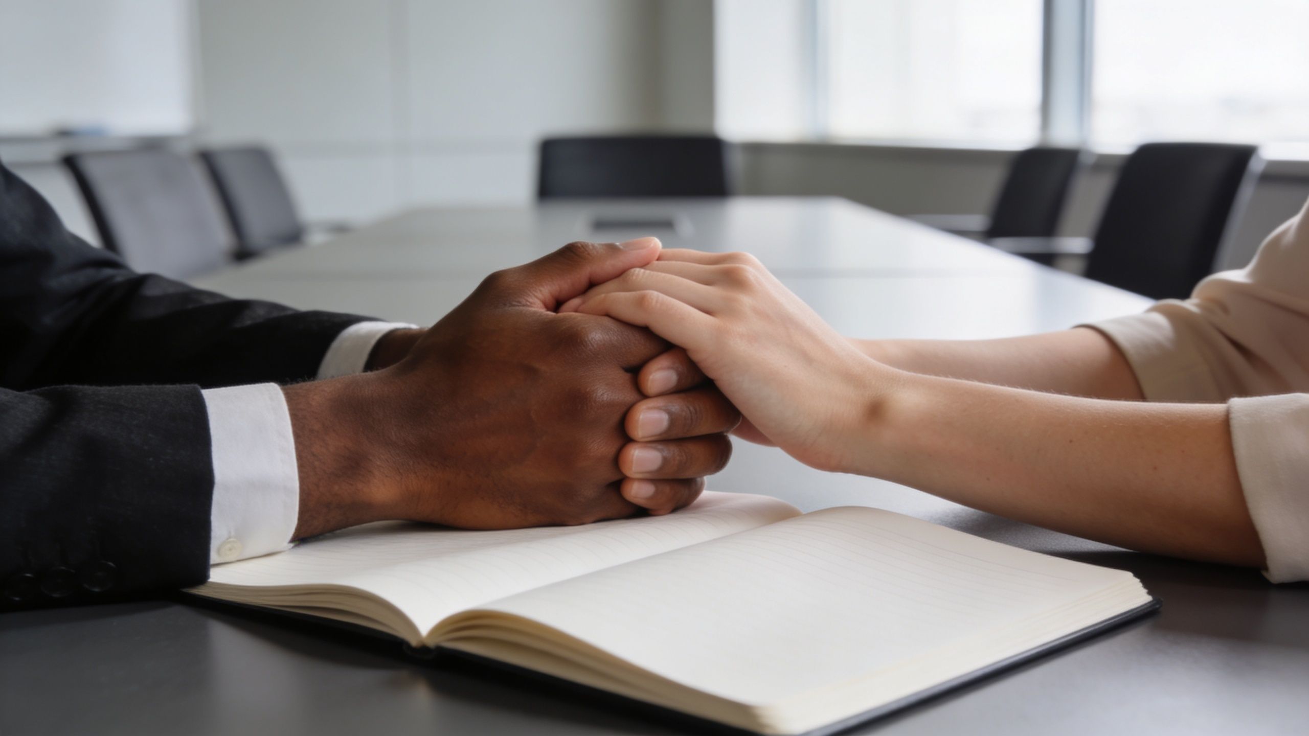 A close-up of a person holding hands with their professional legal advisor during a meeting.