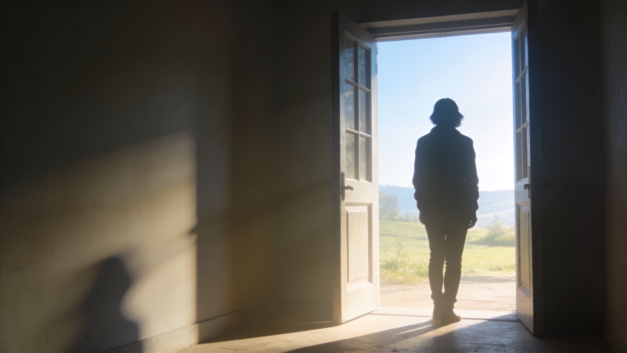 A silhouette of a person standing in an open doorway looking out at a peaceful countryside landscape.