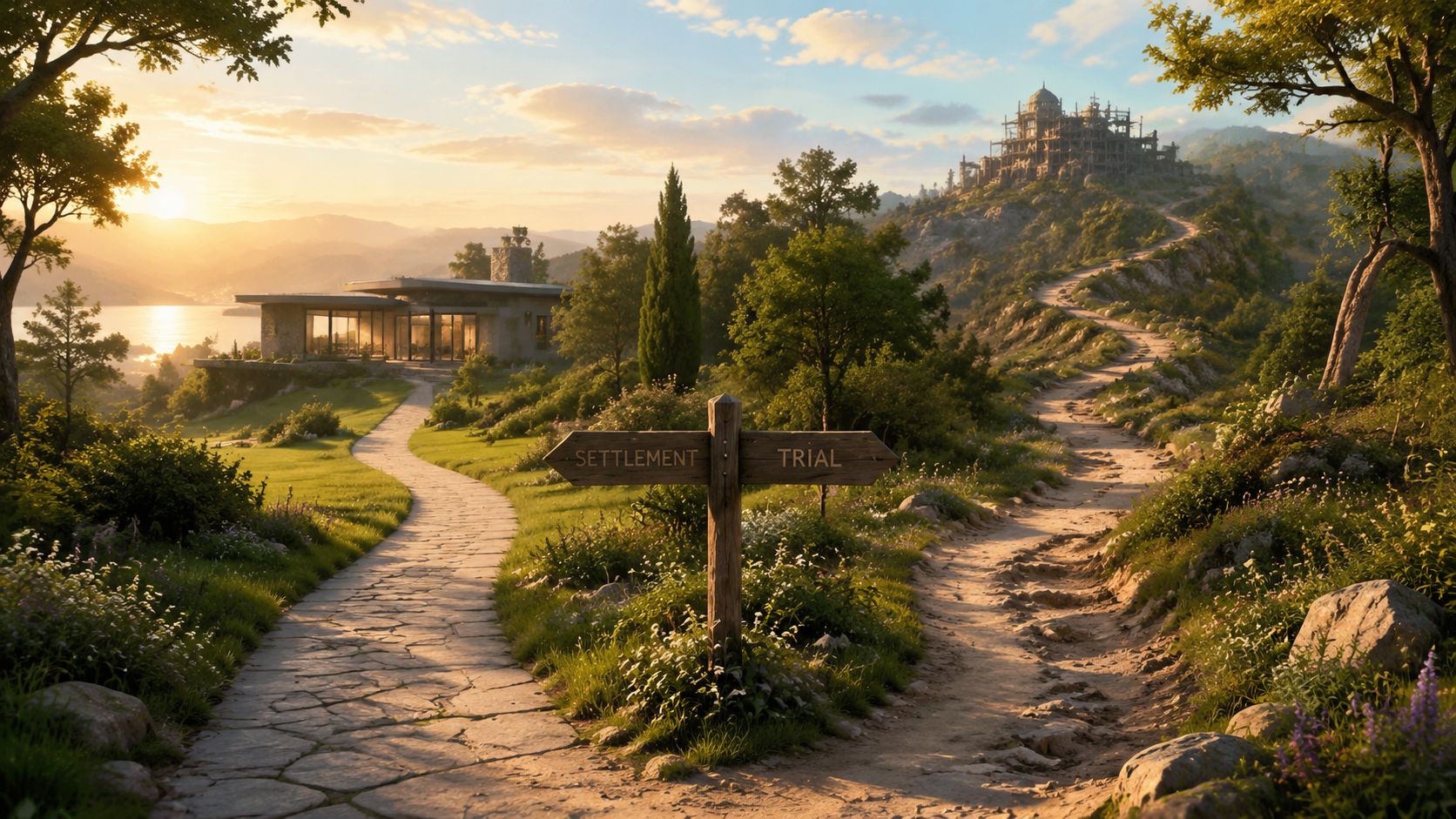 A fork in the path with signs labeled Settlement and Trial, leading toward different destinations at sunset.