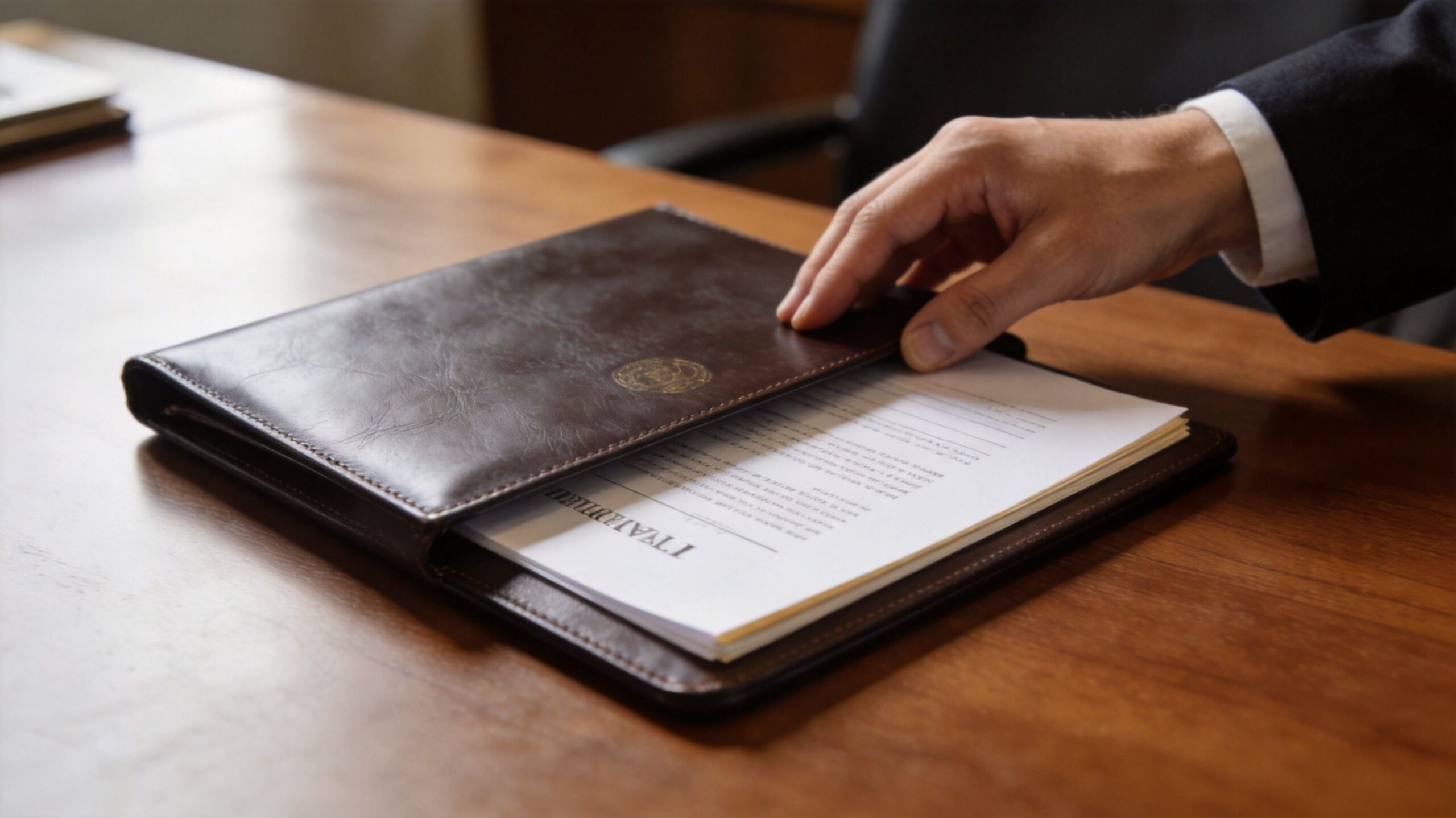 A person's hand placing a stack of legal documents inside a dark brown leather folder on a wooden desk.