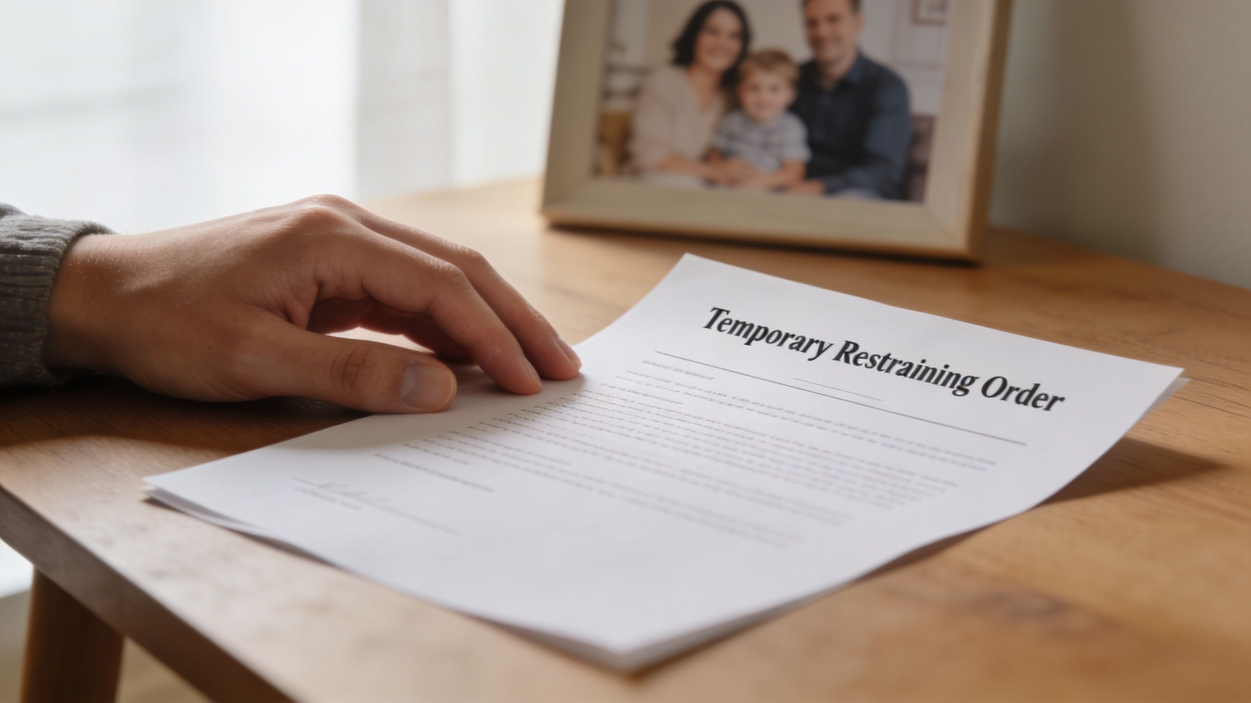 A close-up view of a person's hand resting on a document titled Temporary Restraining Order on a desk.