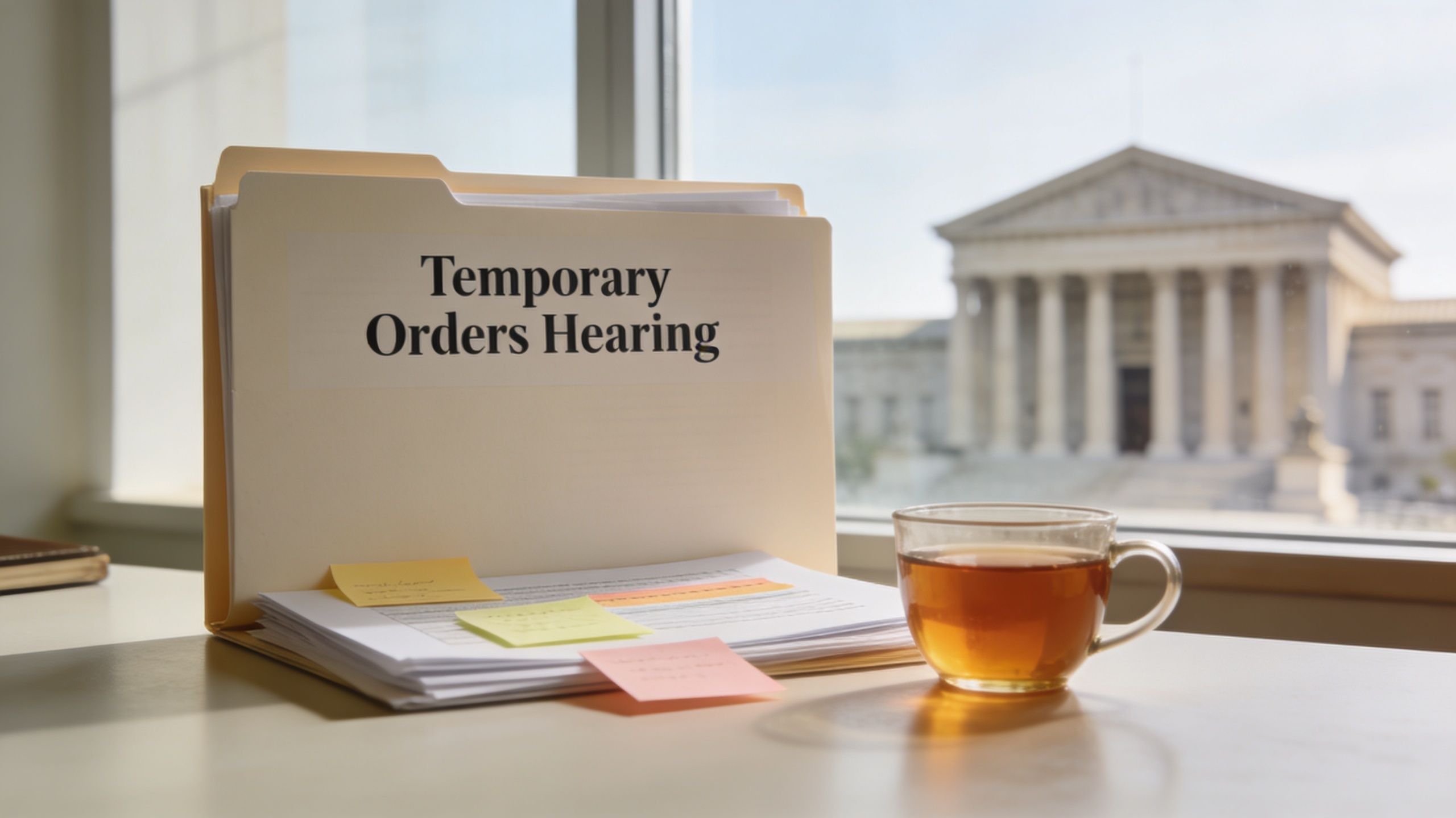 A manila file folder labeled Temporary Orders Hearing sits on a desk beside a cup of tea.