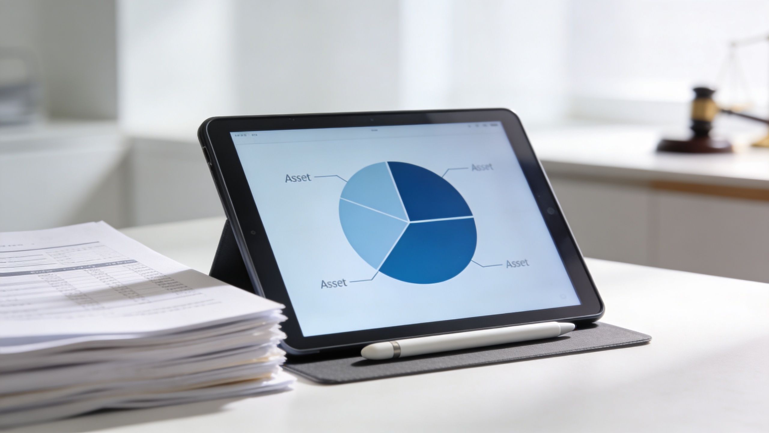 A digital tablet displaying a pie chart of assets sits next to legal documents and a gavel.