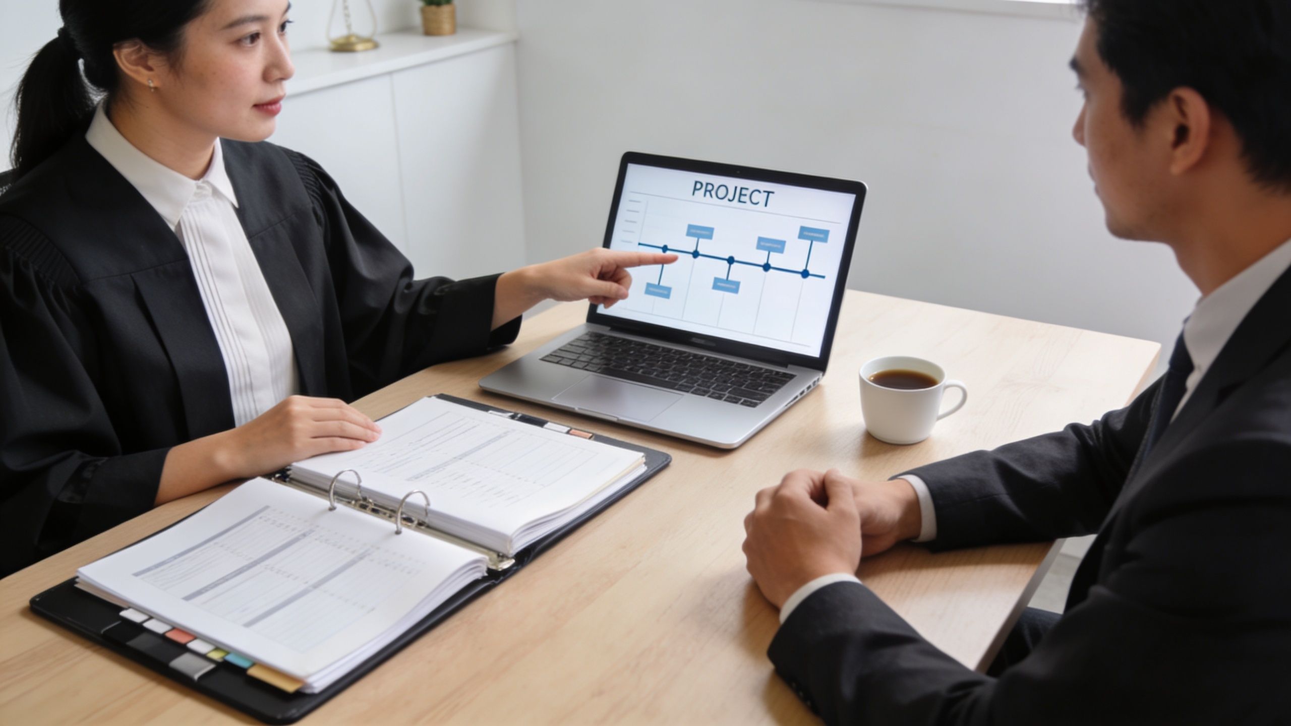 A professional lawyer wearing a black robe discusses project details with a client in an office.