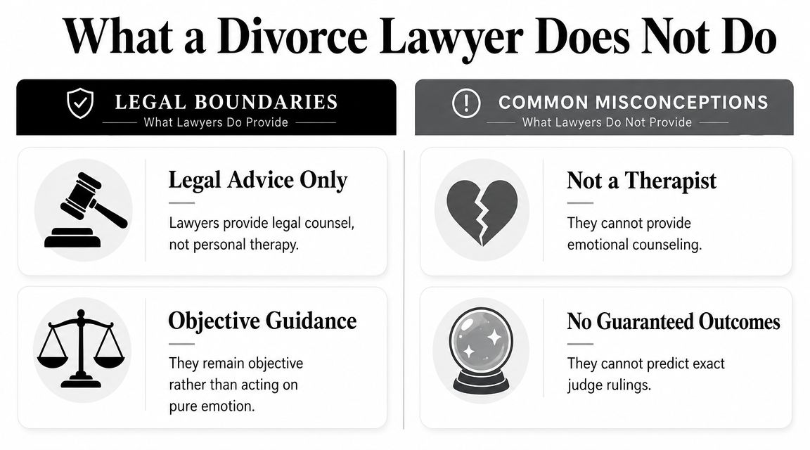 An infographic detailing the professional boundaries of a divorce lawyer, covering legal advice and common misconceptions.