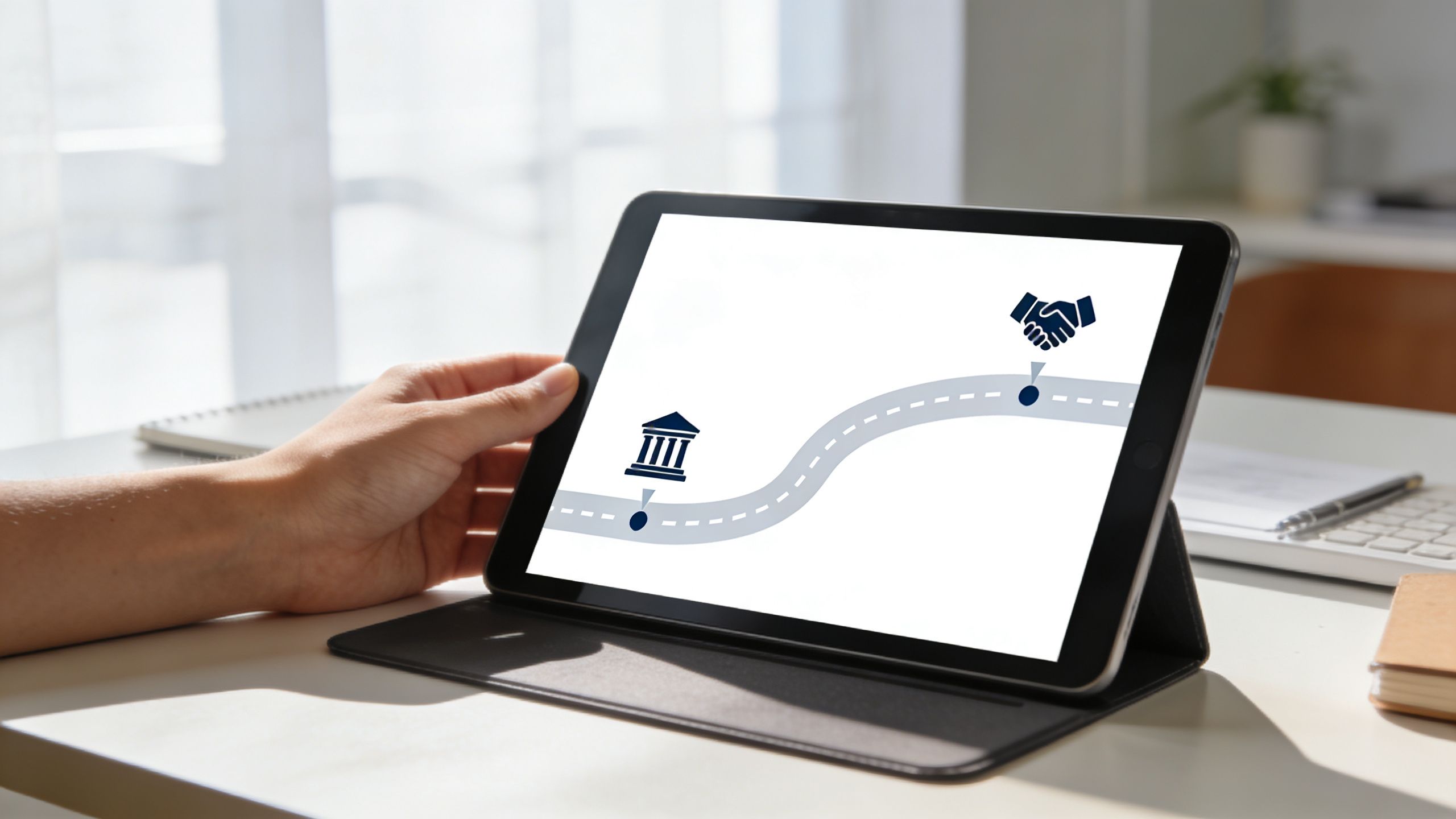 A person holding a tablet displaying a roadmap graphic with a bank icon and a handshake icon.