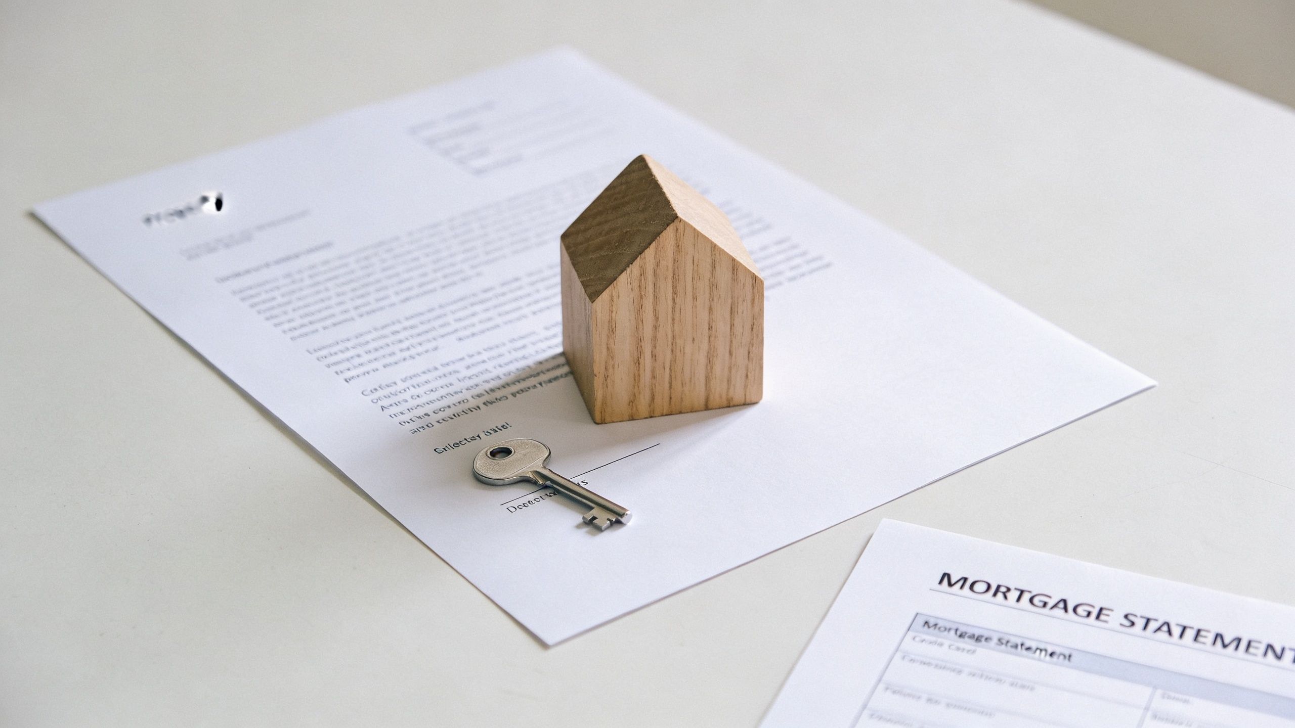 A wooden house model and a metal key placed on top of legal divorce documents and mortgage statements.
