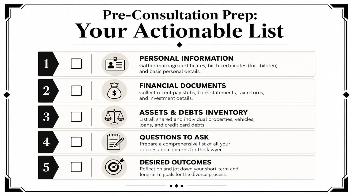 A checklist infographic titled Pre-Consultation Prep outlining five essential steps for preparing for a divorce lawyer consultation.