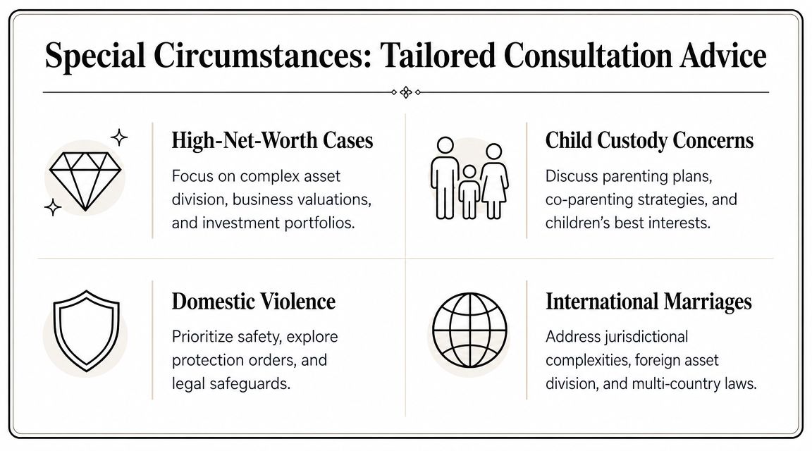 A graphic outlining legal consultation topics for special divorce circumstances including finances, custody, safety, and international cases.