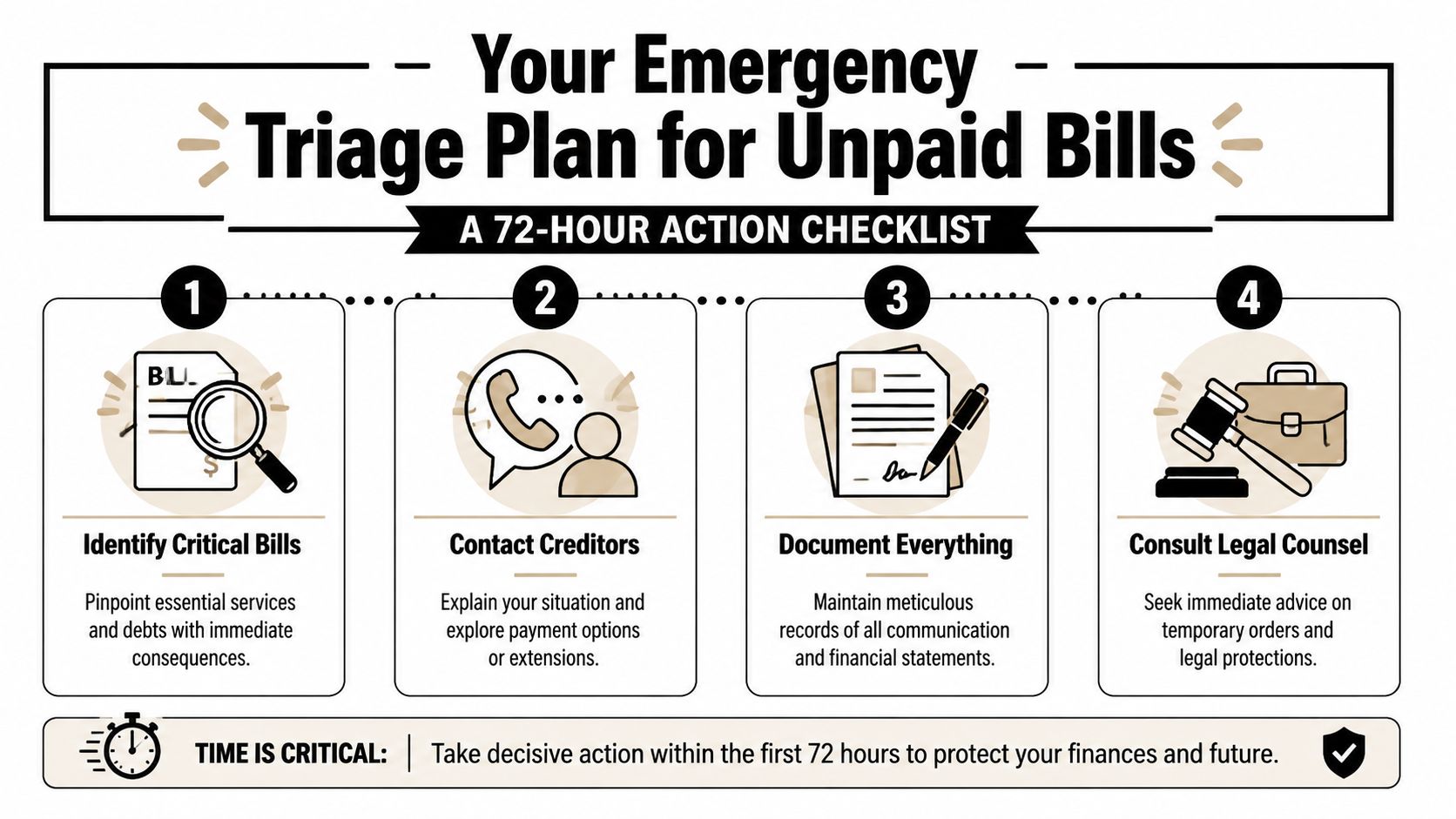 A 72-hour emergency triage checklist infographic outlining steps to manage unpaid bills during a financial crisis.