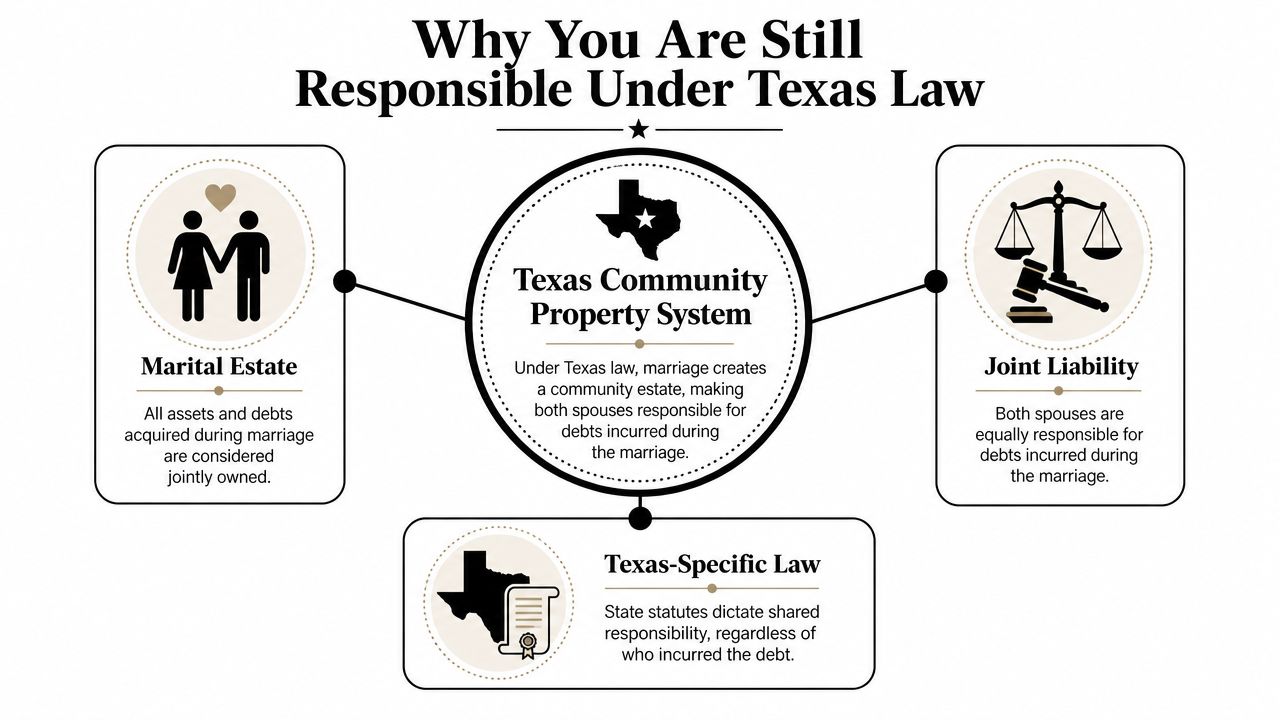 An infographic explaining how Texas community property laws make spouses responsible for shared marital debt during marriage.