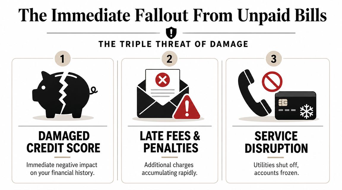 An infographic showing the three immediate negative consequences of failing to pay your bills on time.
