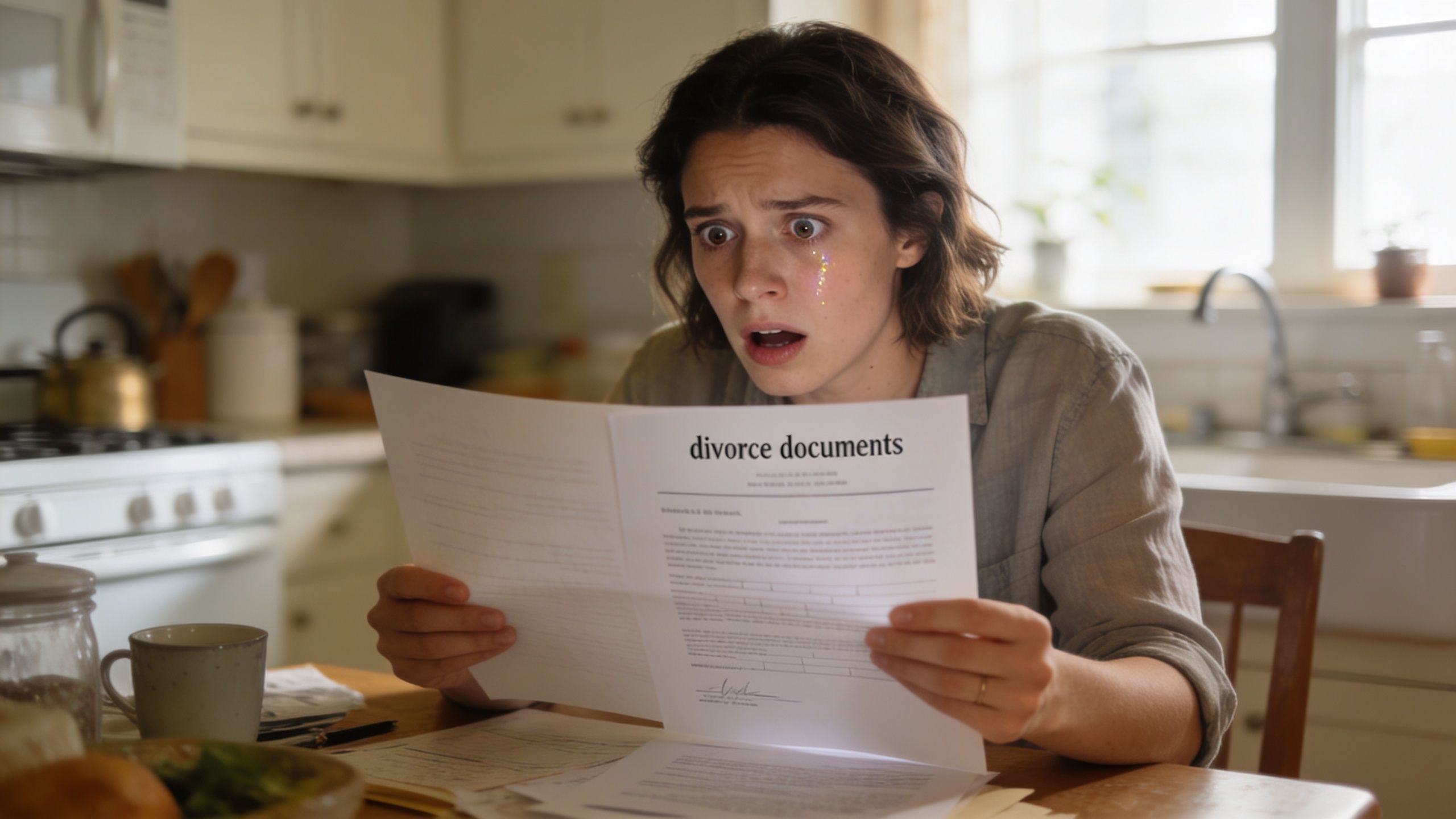 A woman looks shocked while reading divorce documents at her kitchen table in her home.