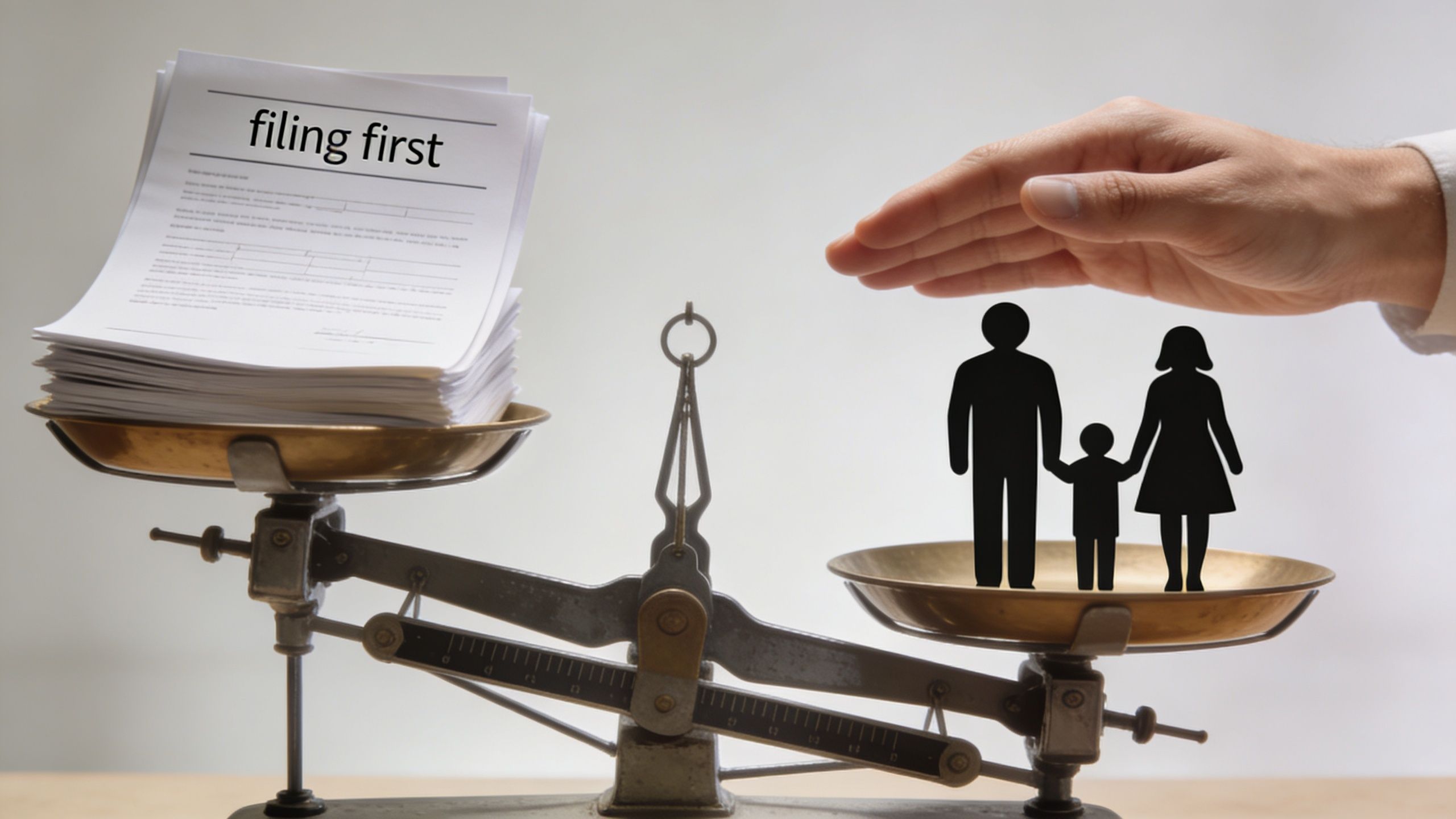 A scale balancing a stack of legal documents labeled filing first against a cutout of a family.