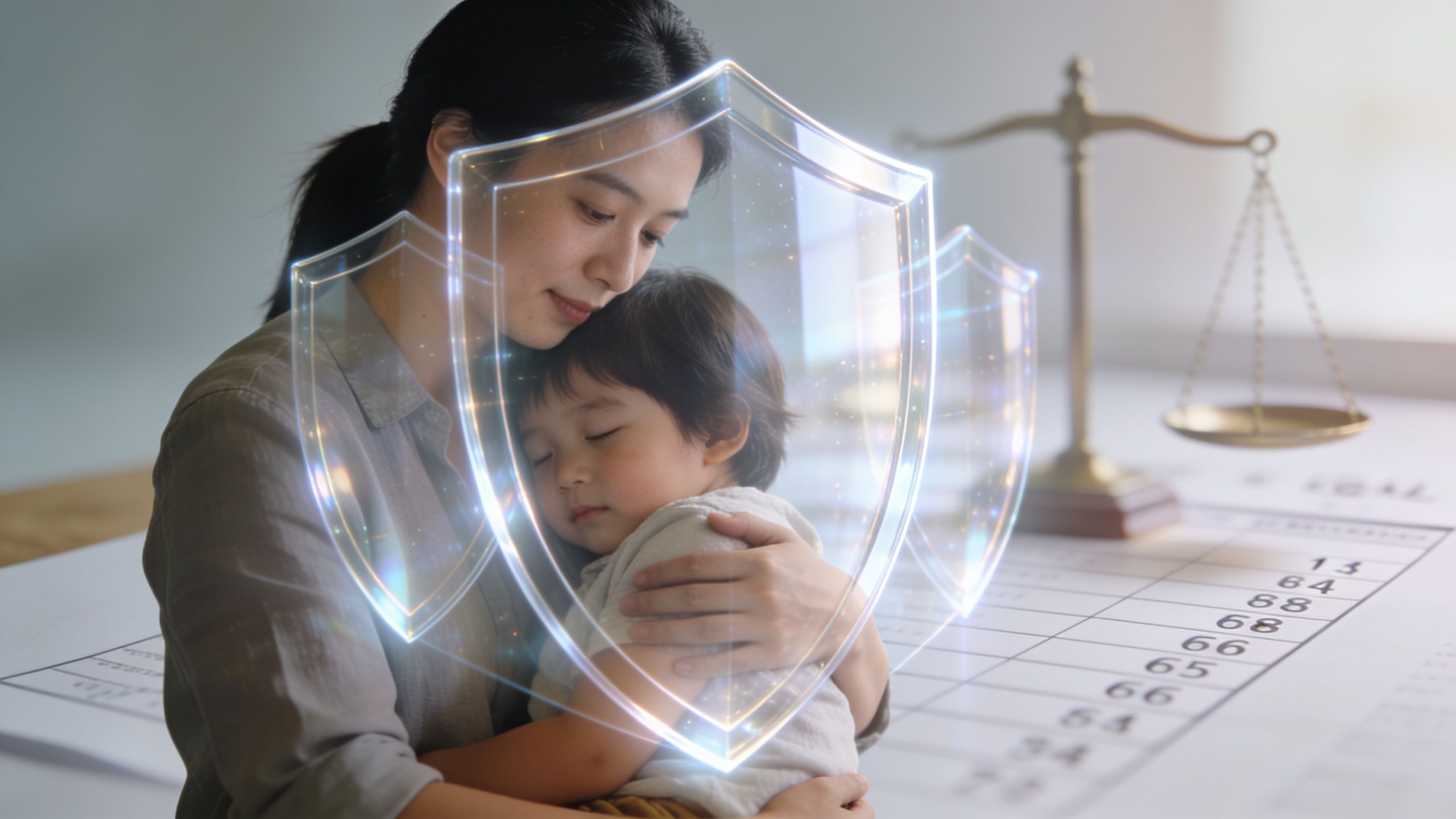 A mother holds her sleeping child behind a glowing digital shield with a scale of justice nearby.