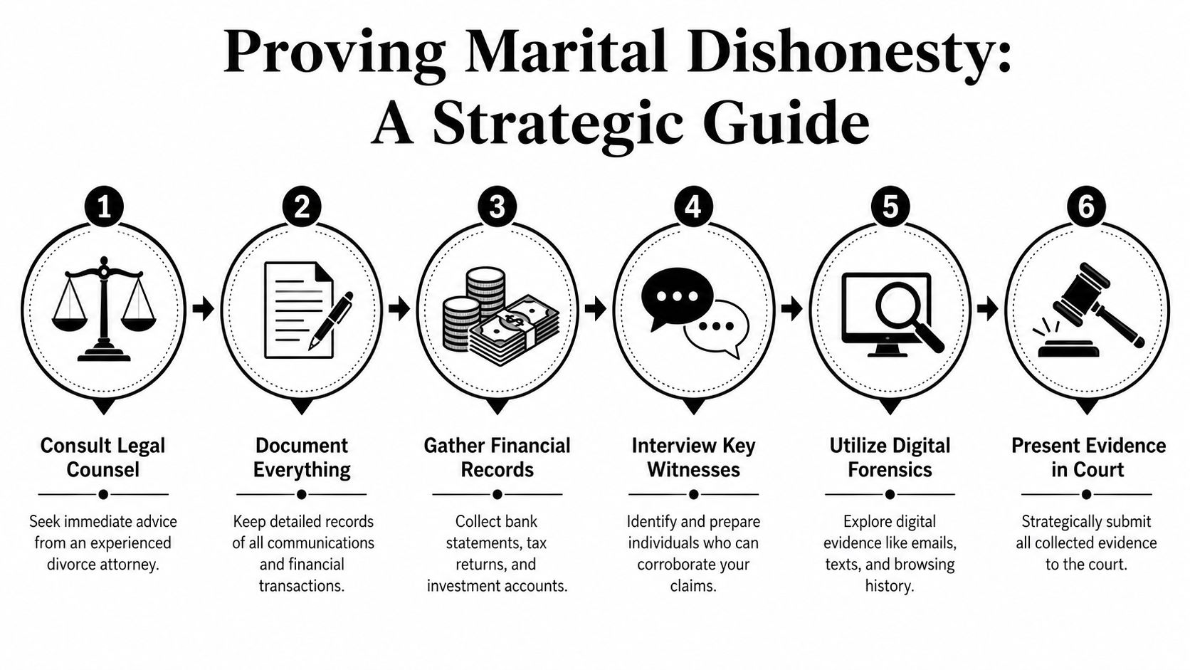 A six-step strategic guide infographic outlining the process for proving marital dishonesty in a legal divorce.
