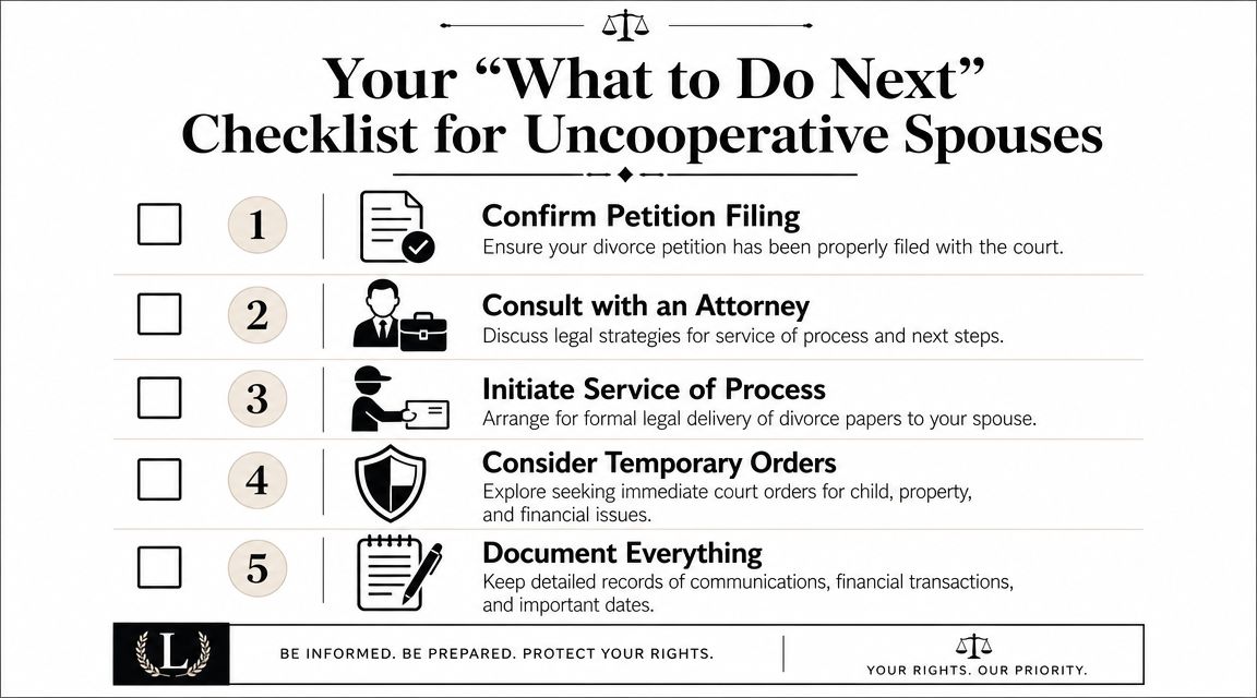 A divorce checklist for dealing with an uncooperative spouse, outlining five essential steps for legal proceedings.