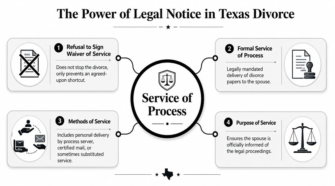 An infographic titled The Power of Legal Notice in Texas Divorce, explaining Service of Process procedures.