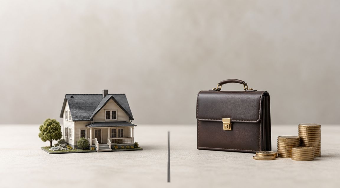 A miniature house sits beside a leather briefcase and stacks of coins, representing property and financial division.