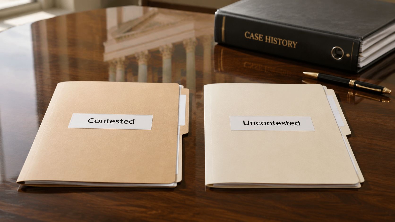 Two manila folders labeled Contested and Uncontested placed on a polished wooden desk with legal files.