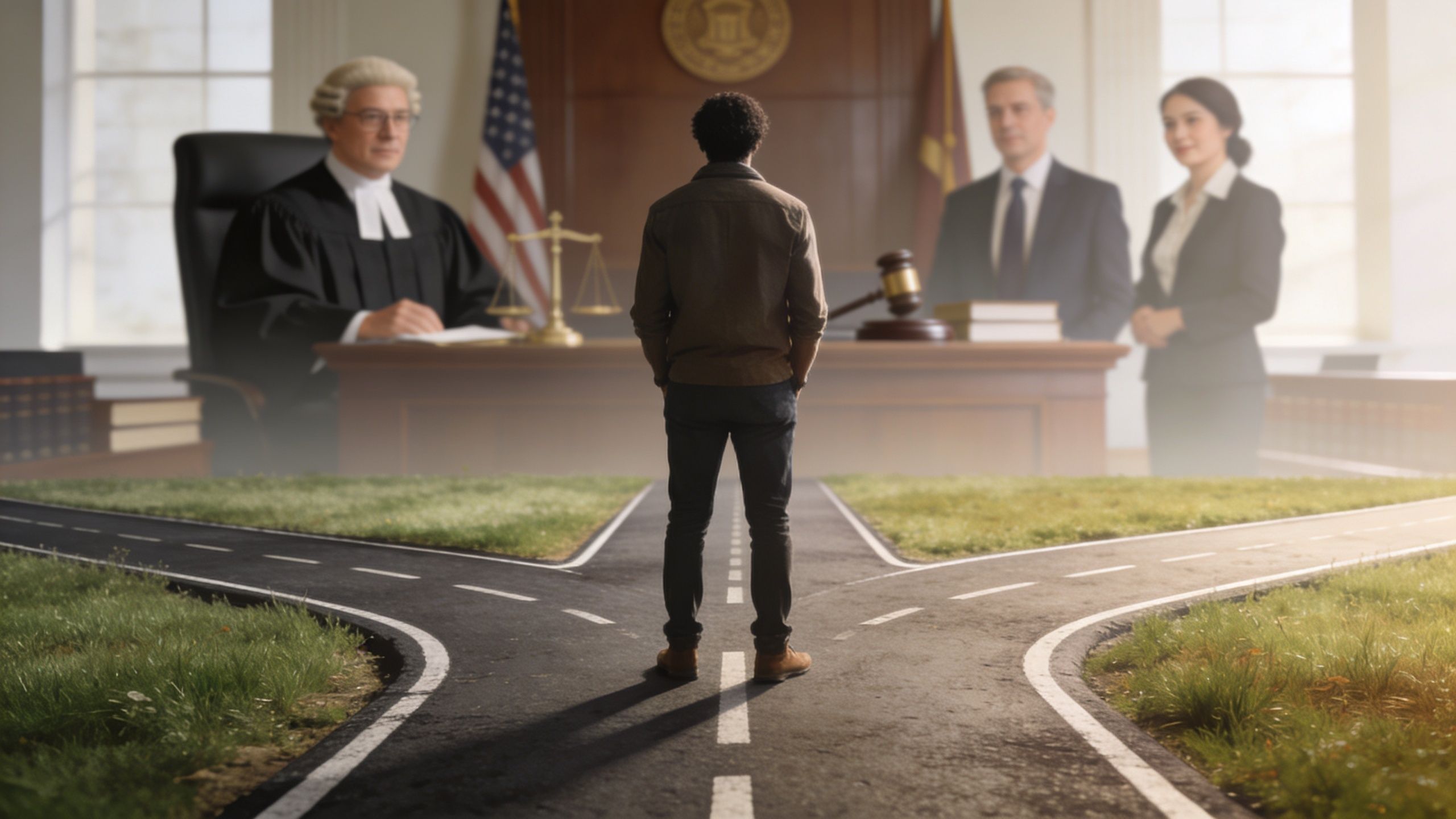 A man stands at a crossroads in front of a courtroom, symbolizing a difficult life decision.