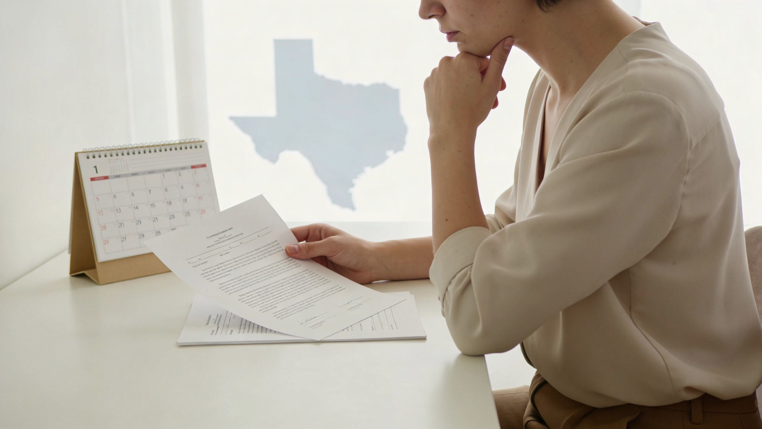 A woman reviewing legal divorce paperwork at a desk with a Texas state map in the background.