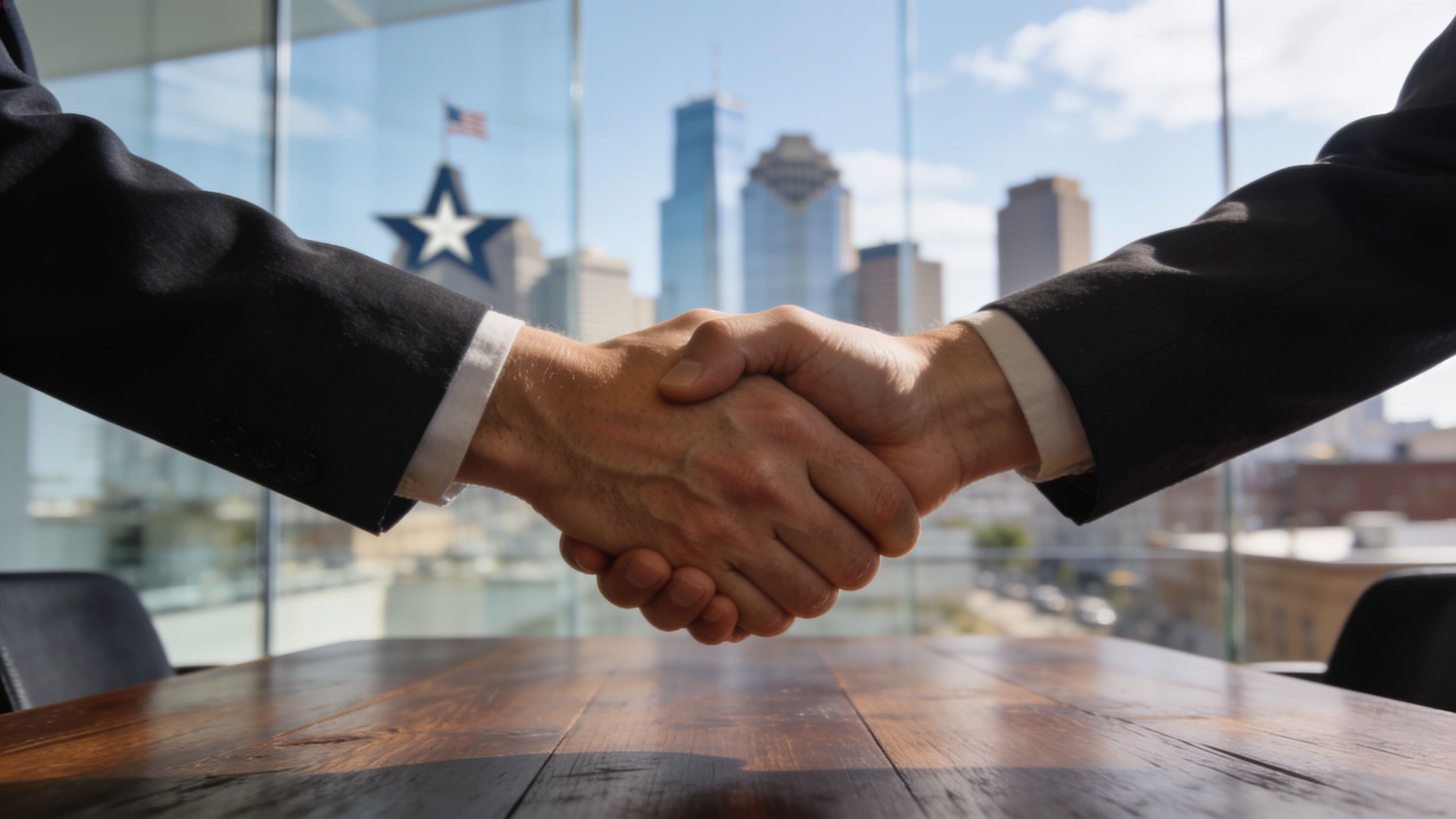 Two business people in suits shaking hands over a wooden desk with a Texas city skyline backdrop.