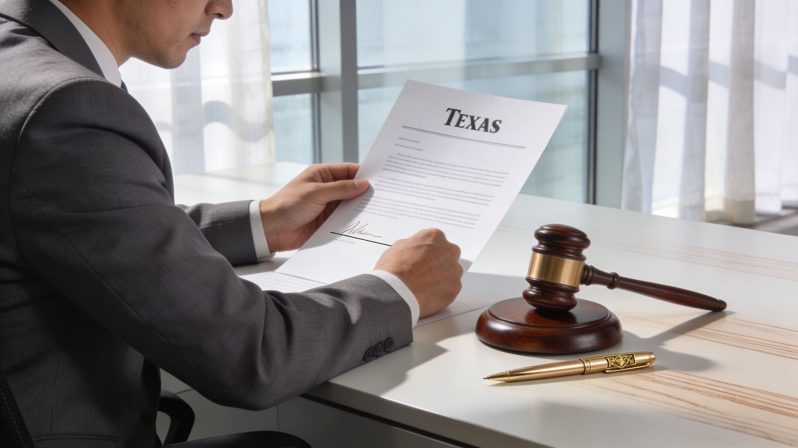 A professional in a business suit reviewing legal divorce documents in an office with a wooden gavel.