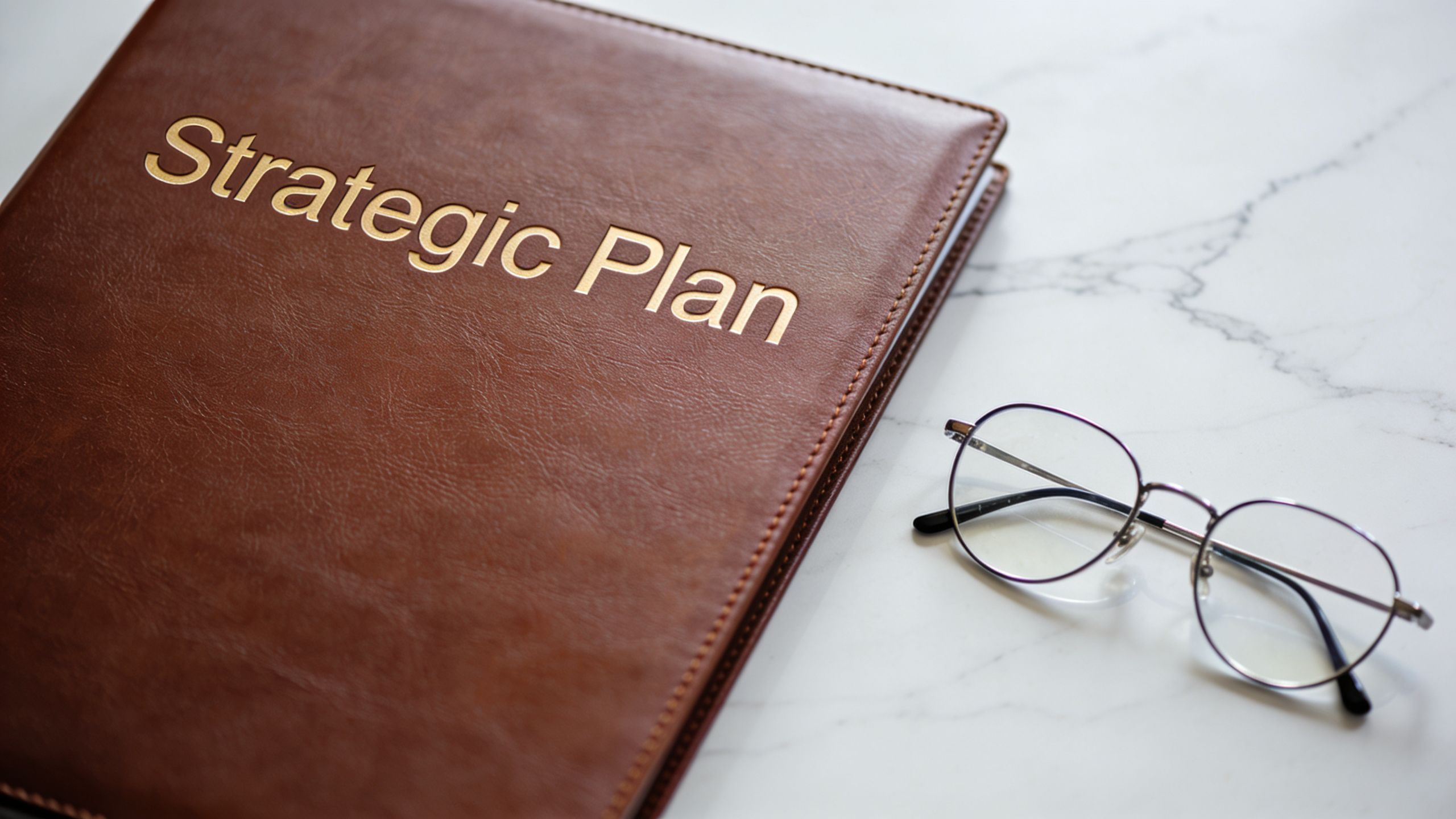 A leather-bound notebook labeled Strategic Plan placed next to metal framed glasses on a marble table.