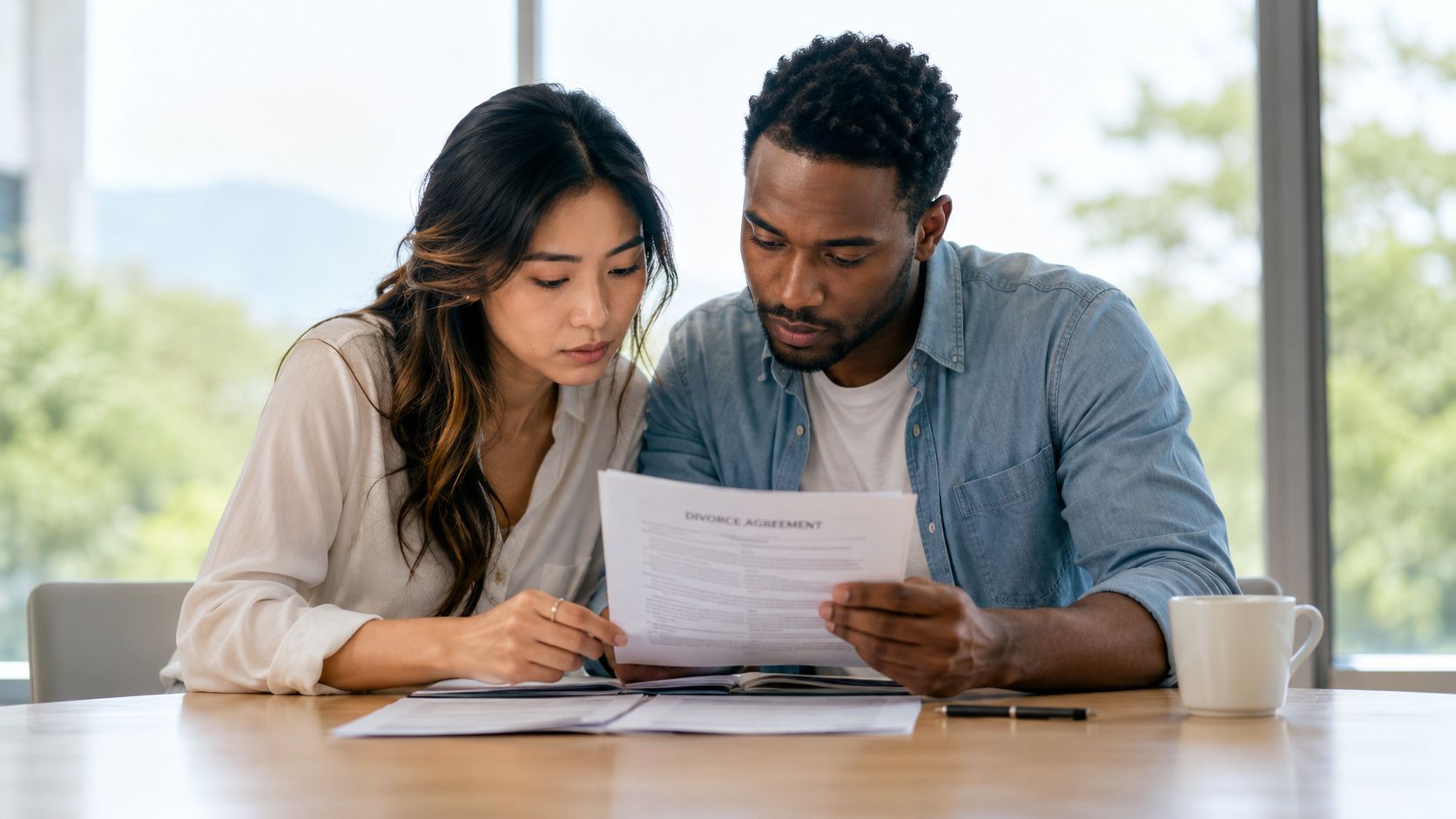 A couple sitting at a table together reviewing a formal divorce agreement document with serious expressions.