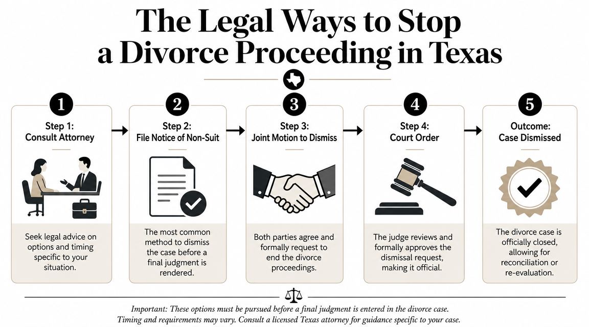 A five-step infographic explaining how to legally stop and dismiss a divorce proceeding in Texas.