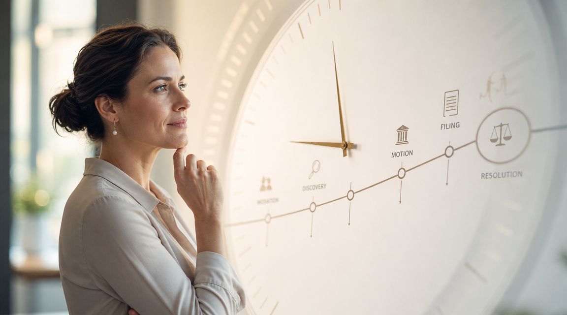 A professional woman thoughtfully reviews a legal timeline graphic showing steps of the divorce process.