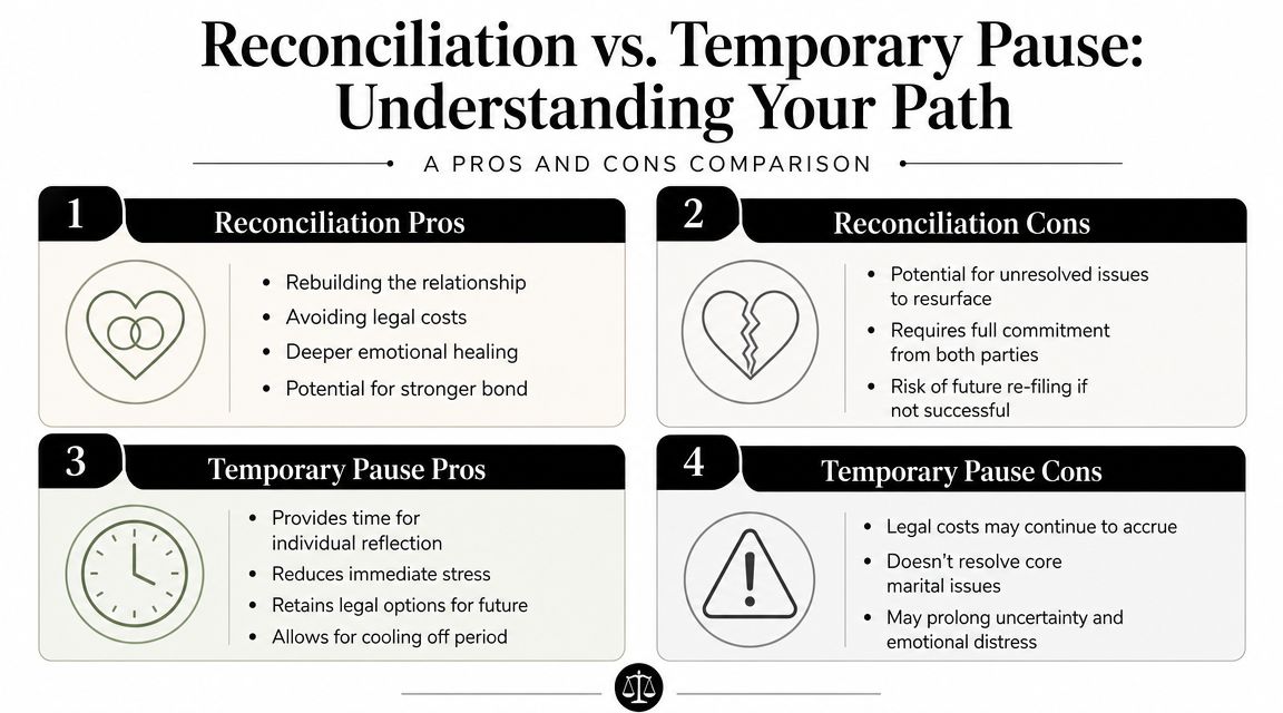 A comparison chart outlining the pros and cons of reconciliation versus a temporary pause during divorce proceedings.