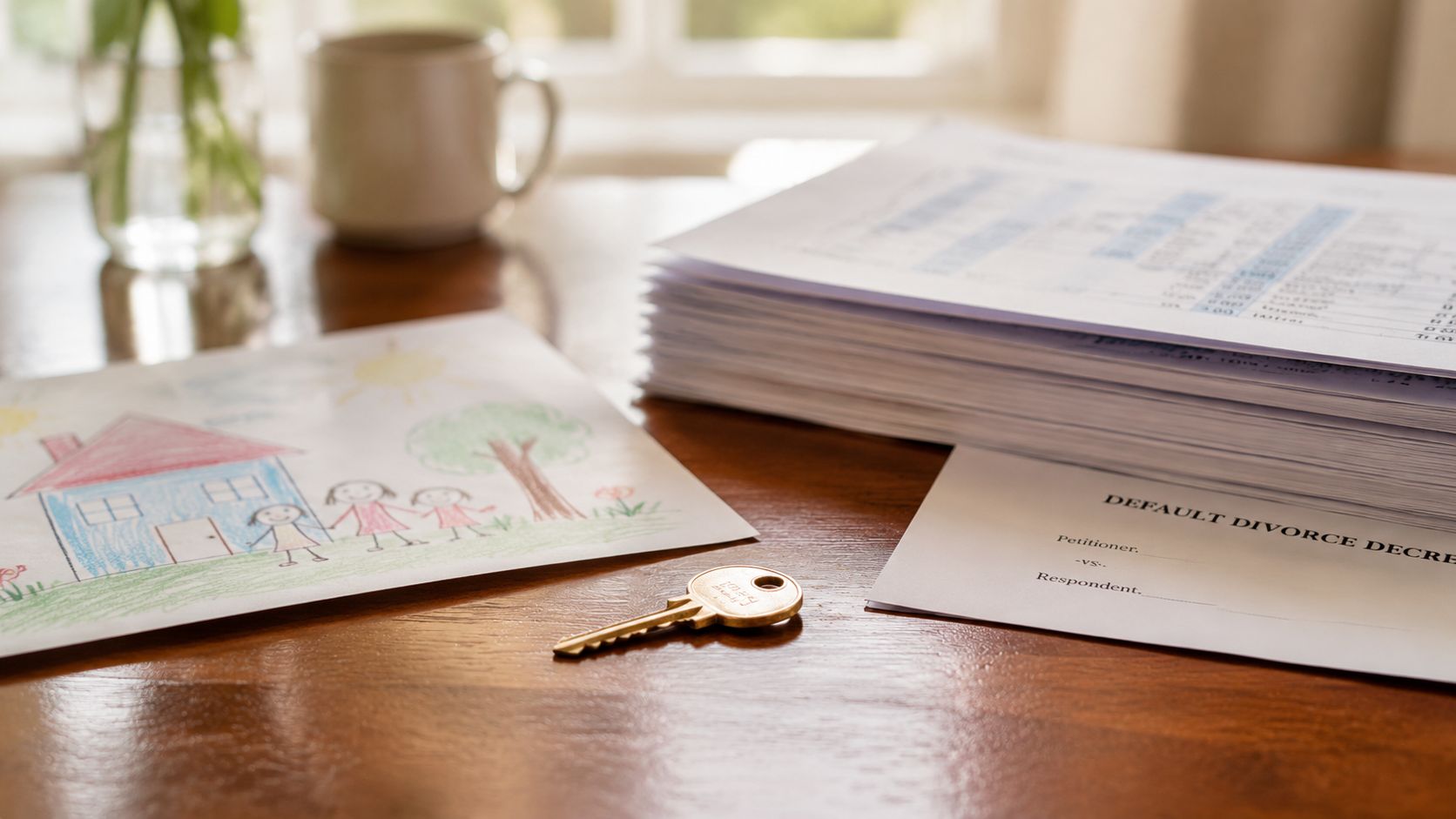 A child's drawing of a house with family next to divorce papers and a metal key.