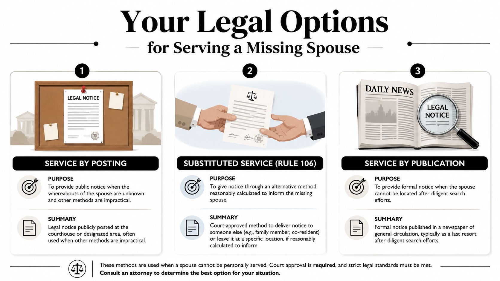 An infographic illustrating three legal methods for serving divorce papers to a missing spouse, including posting, substituted service, and publication.