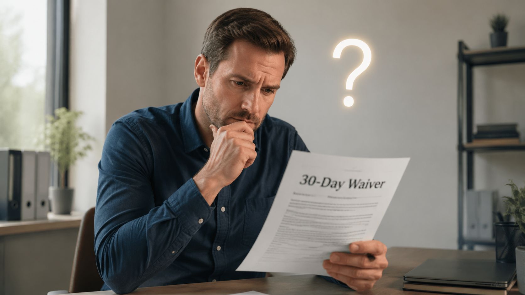 A concerned man sitting at his desk reviewing a 30-Day Waiver legal document with a question mark.