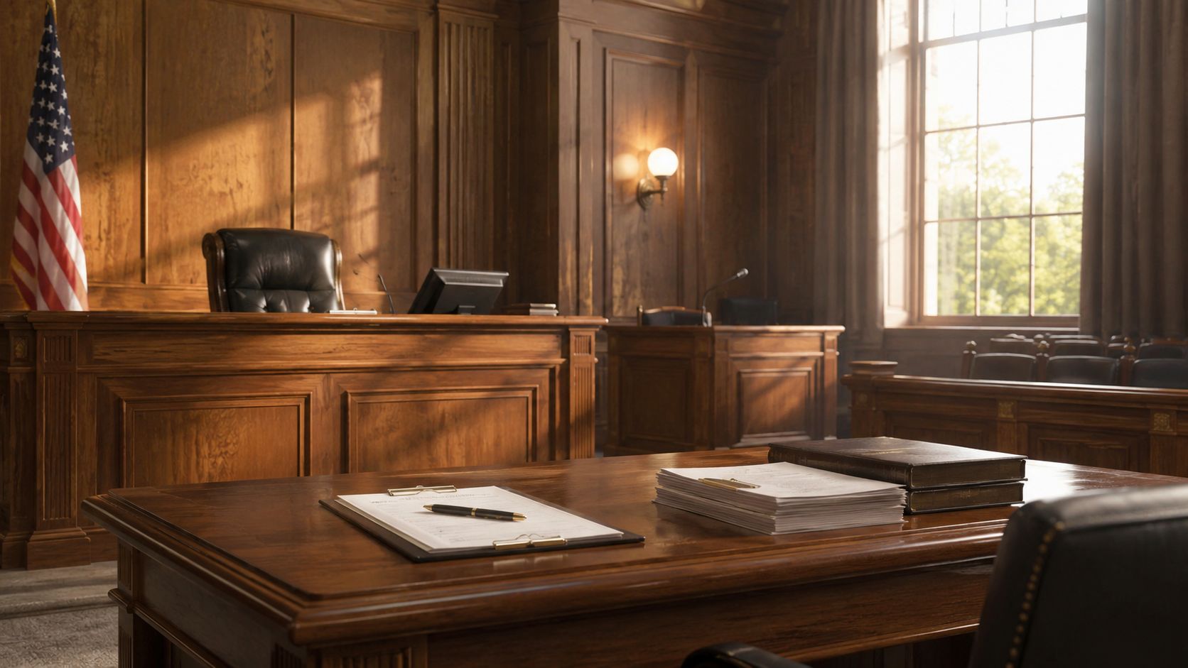 An empty wood-paneled courtroom featuring a judge's bench, an American flag, and legal documents on a table.
