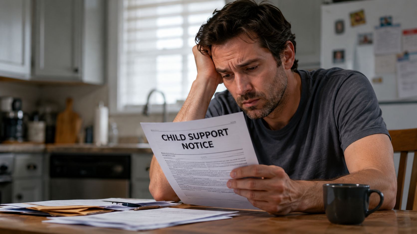 A distressed man sitting at a kitchen table looking at a child support notice with concern.