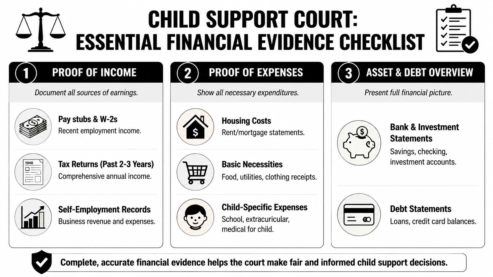 A checklist infographic detailing the essential financial evidence required for child support court proceedings.