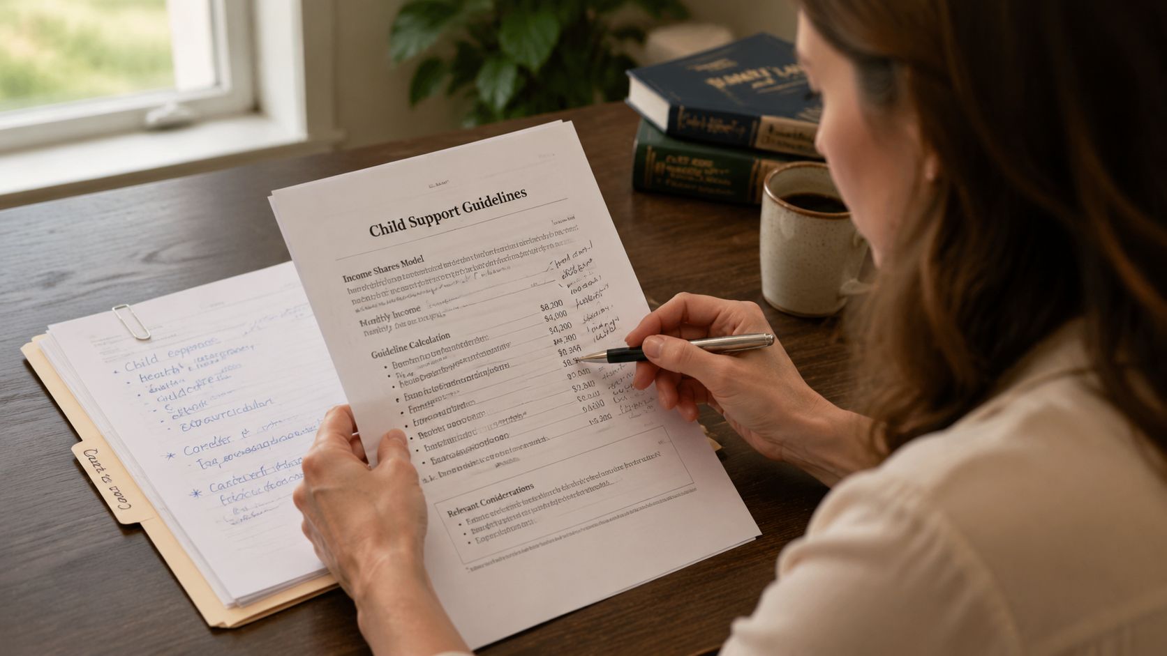 A woman reviewing child support guideline documents while sitting at a wooden desk with a pen.