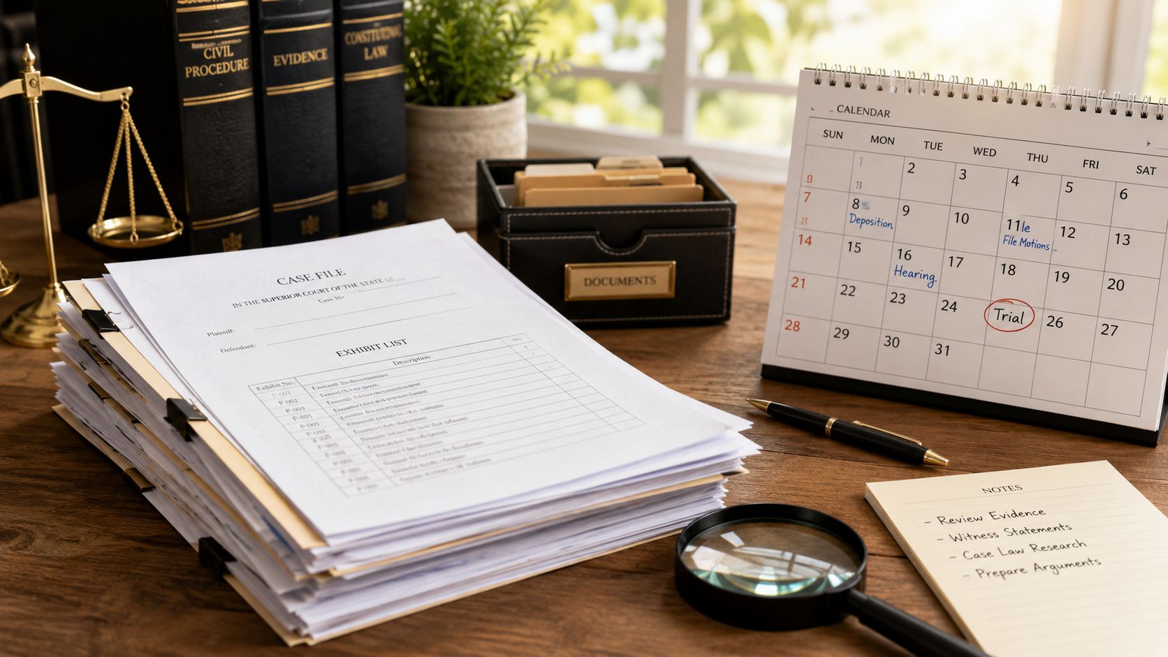 A legal case file with an exhibit list, gavel, books, and a marked trial calendar on a desk.