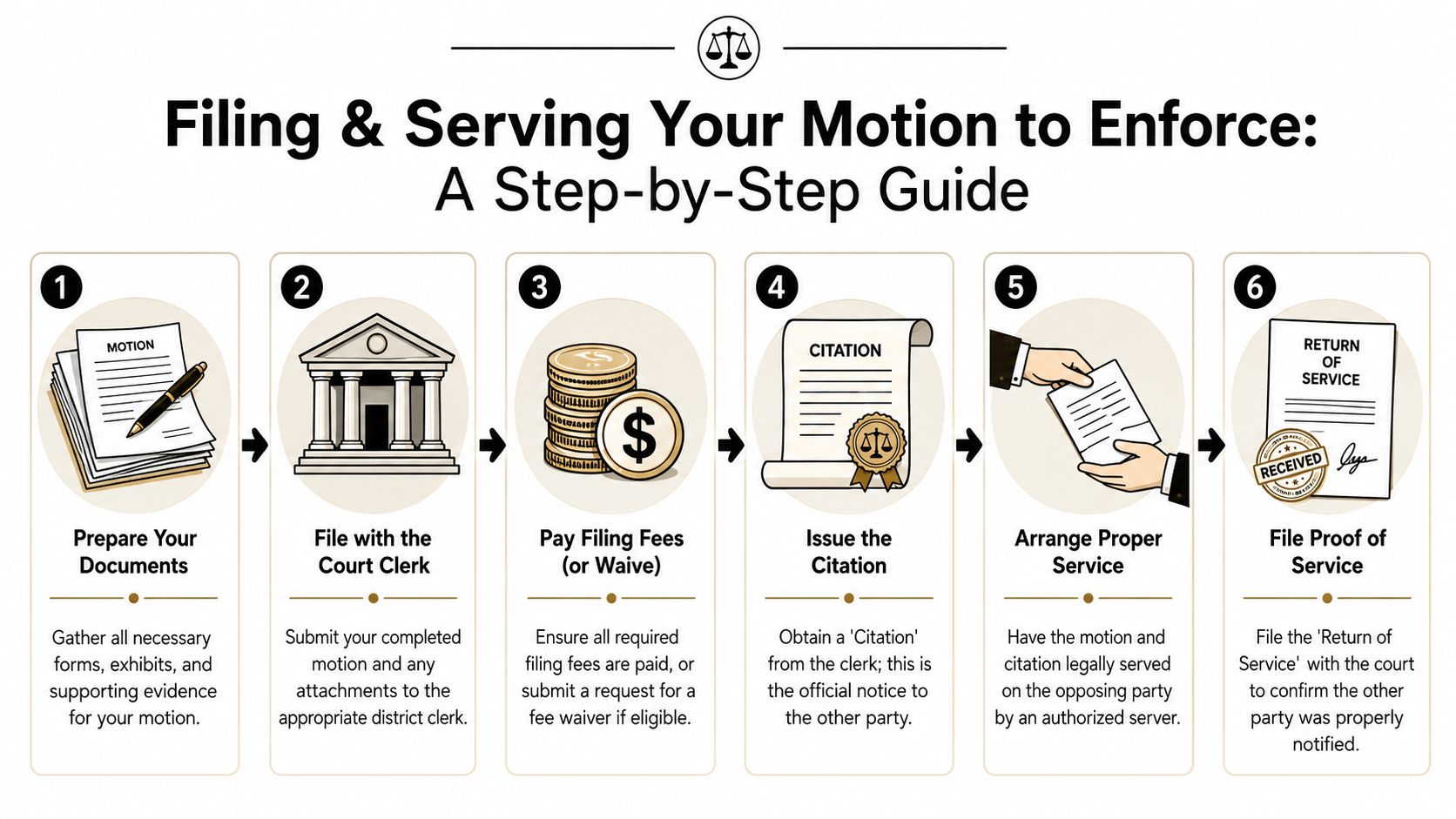 A six-step infographic guide illustrating the legal process of filing and serving a motion to enforce.