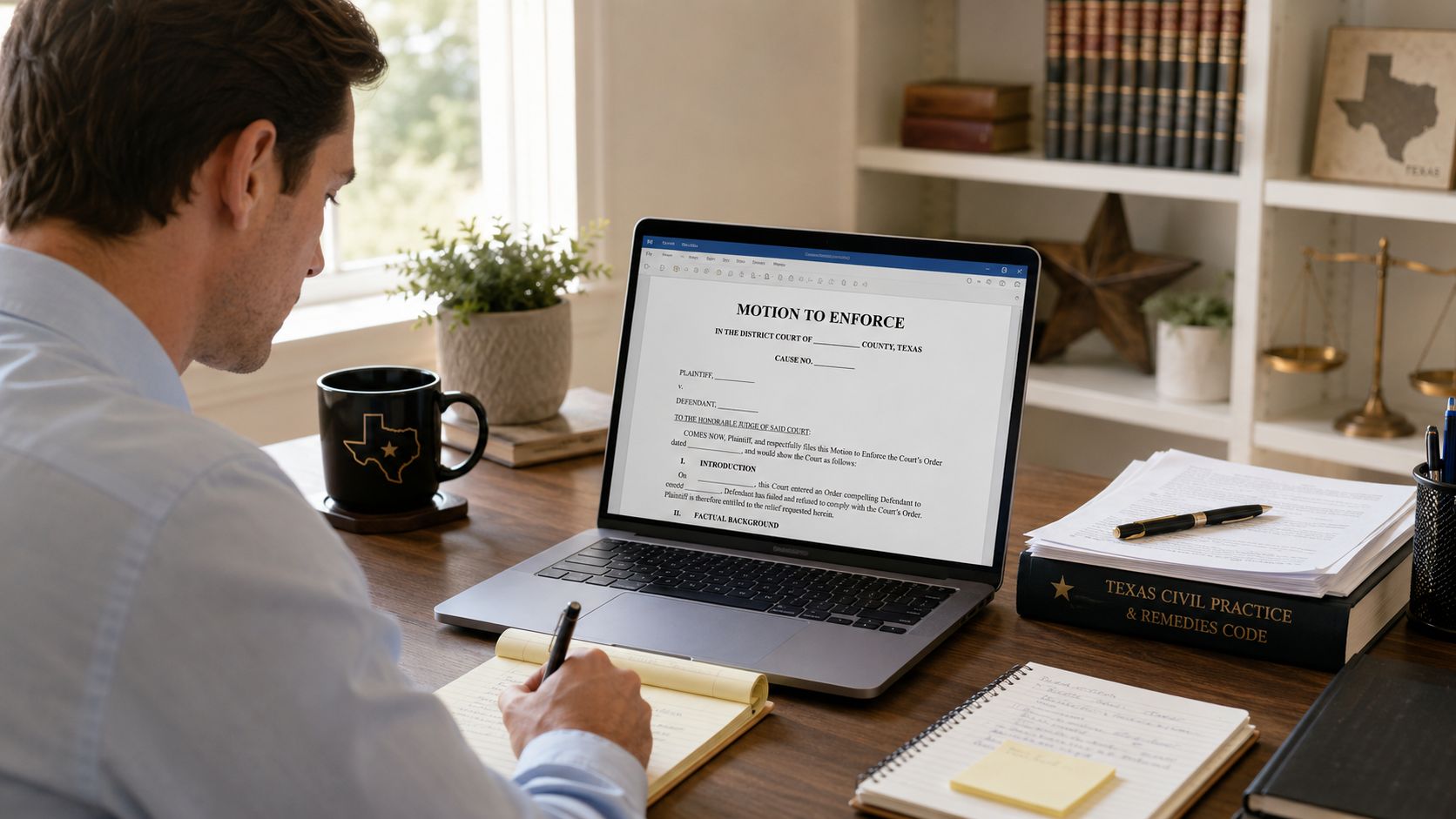 A professional man working on a Motion to Enforce legal document on his laptop in a home office.