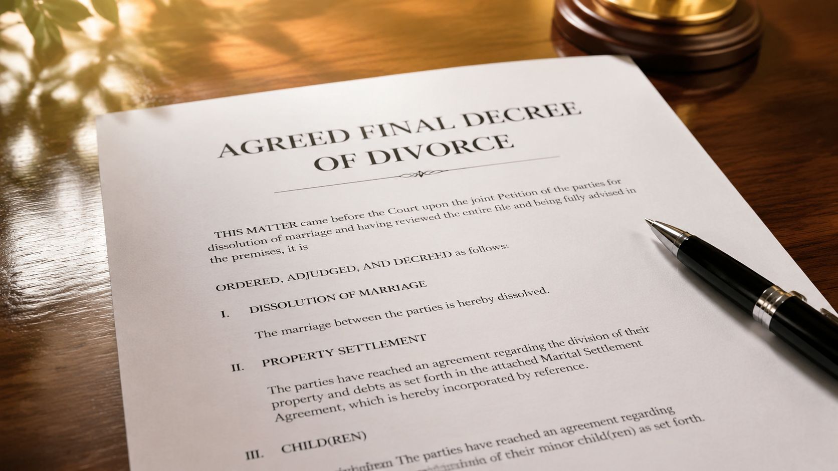 An agreed final decree of divorce document rests on a wooden table next to a fountain pen.