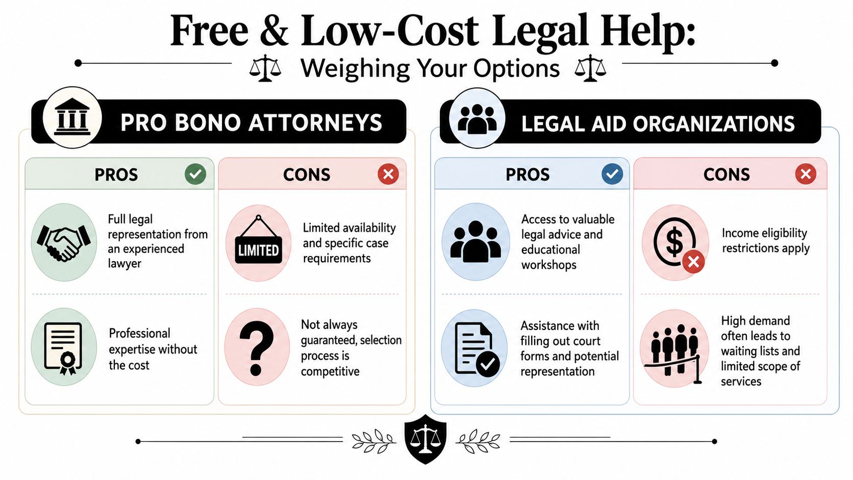 An infographic comparing pros and cons of pro bono attorneys versus legal aid organizations for legal help.