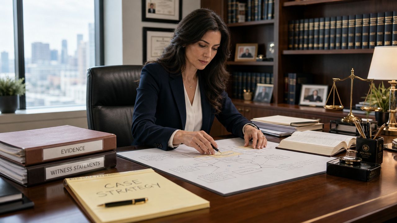 A professional female attorney sits at her desk reviewing case strategy documents in a law office.