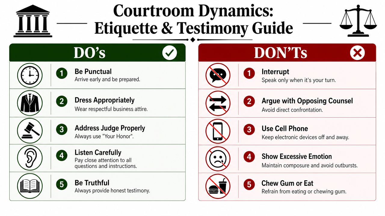 A visual guide outlining the do's and don'ts for courtroom etiquette and giving testimony effectively.