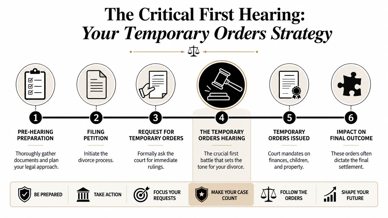 A six-step infographic detailing the legal process and strategic steps for a temporary orders hearing in divorce cases.